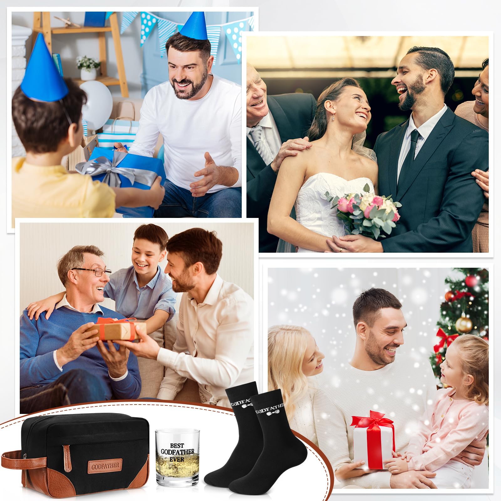 Honeydak 3 Pack Godfather Gift Set for Men Includes Whiskey Glass Funny Godfather Socks and Toiletry Bag with Leather Patch Birthday Proposal Gift from Godchild
