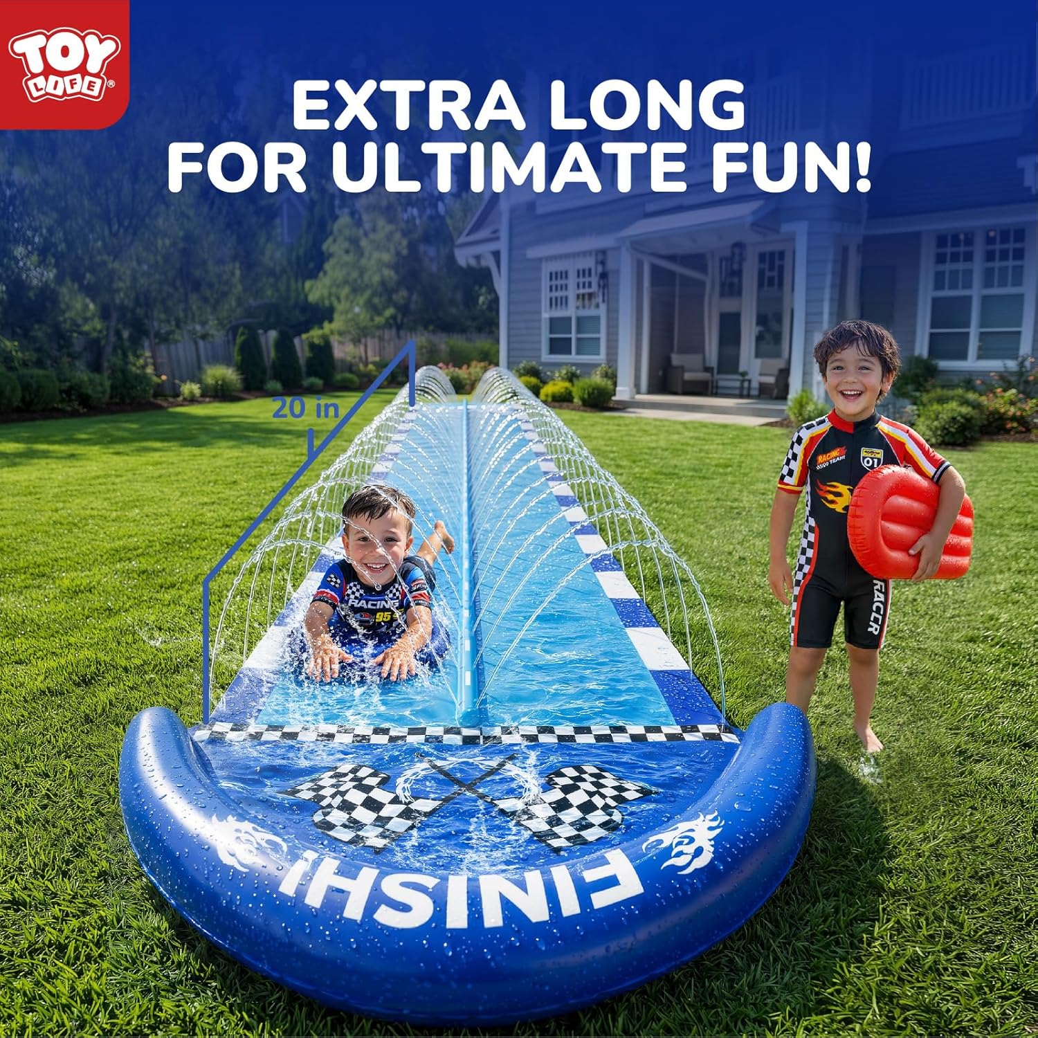 TOY Life Giant Race Car Water Slides for Kids 20Ft Waterslide Backyards Lawn with 2 Bodyboards, 2 Lane Slip Splash and Slide Summer Toys with Built-in Sprinkler for Backyard Outdoor Water Toys