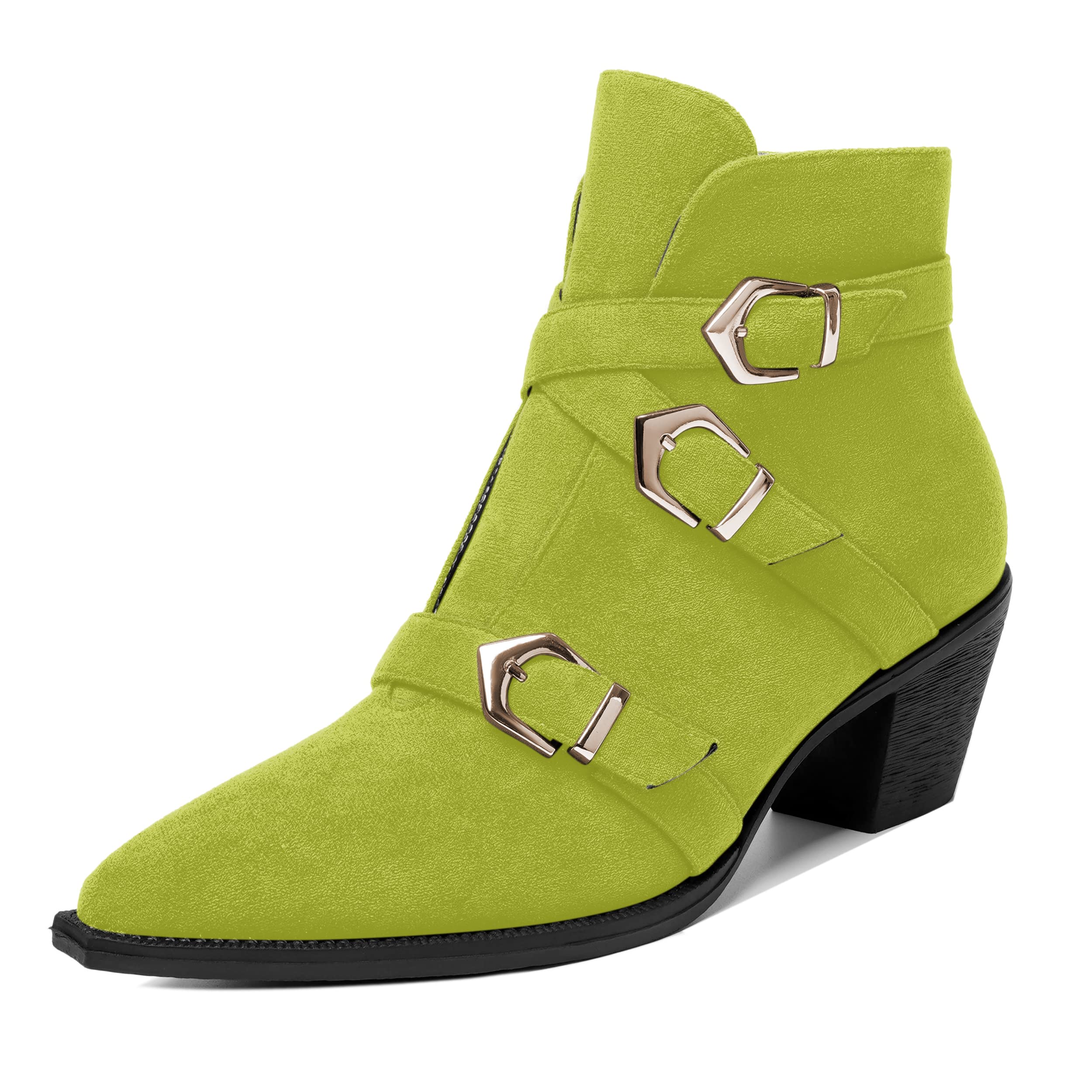 AMBELIGHT Womens School Bukcle Zip Suede Fashion Pointed Toe Chunky Low Heel Ankle High Boots 2.5 Inch