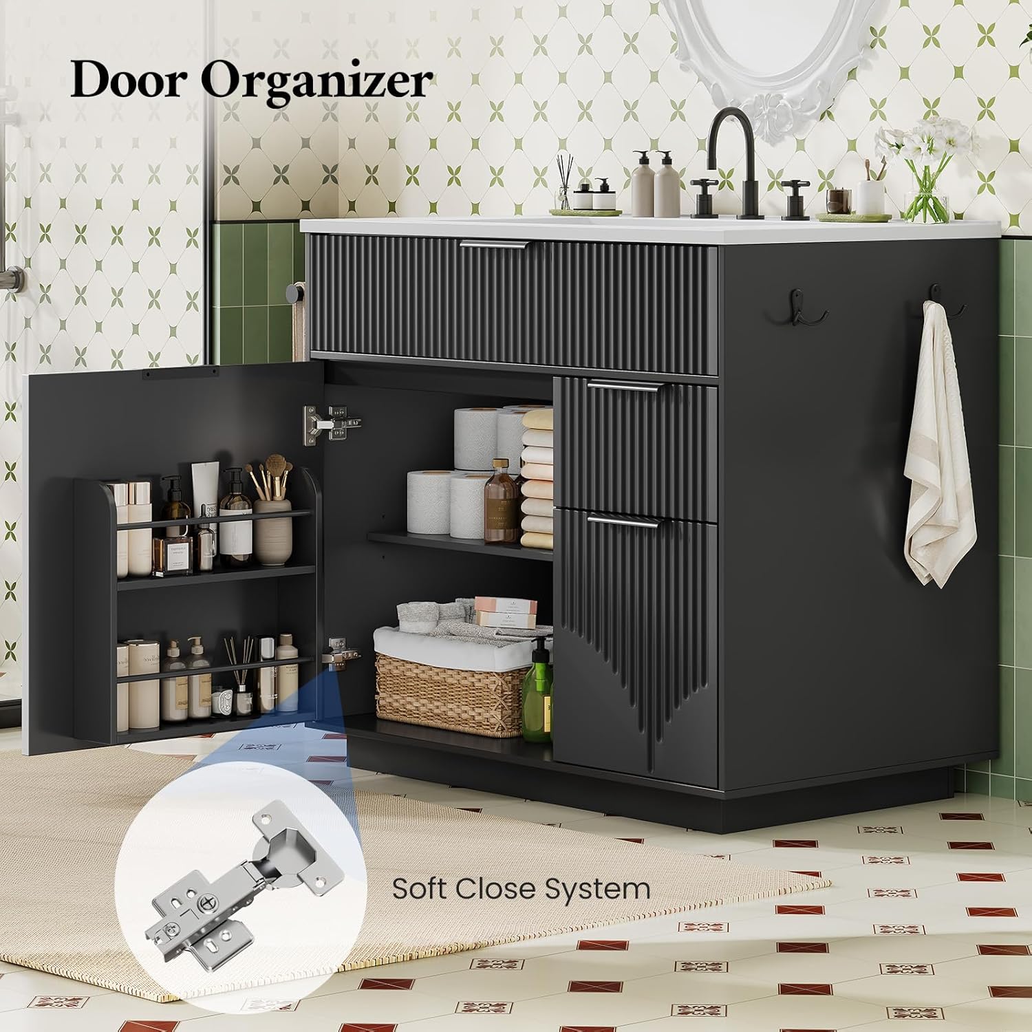 31" Fluted Bathroom Vanity with Sink, Freestanding Bathroom Cabinet with Door Storage and 3 Drawers Space, Undermount Vanity Sink Combo Set with Towel Holder and Hooks, Soft Closing Door (Black, 31in)