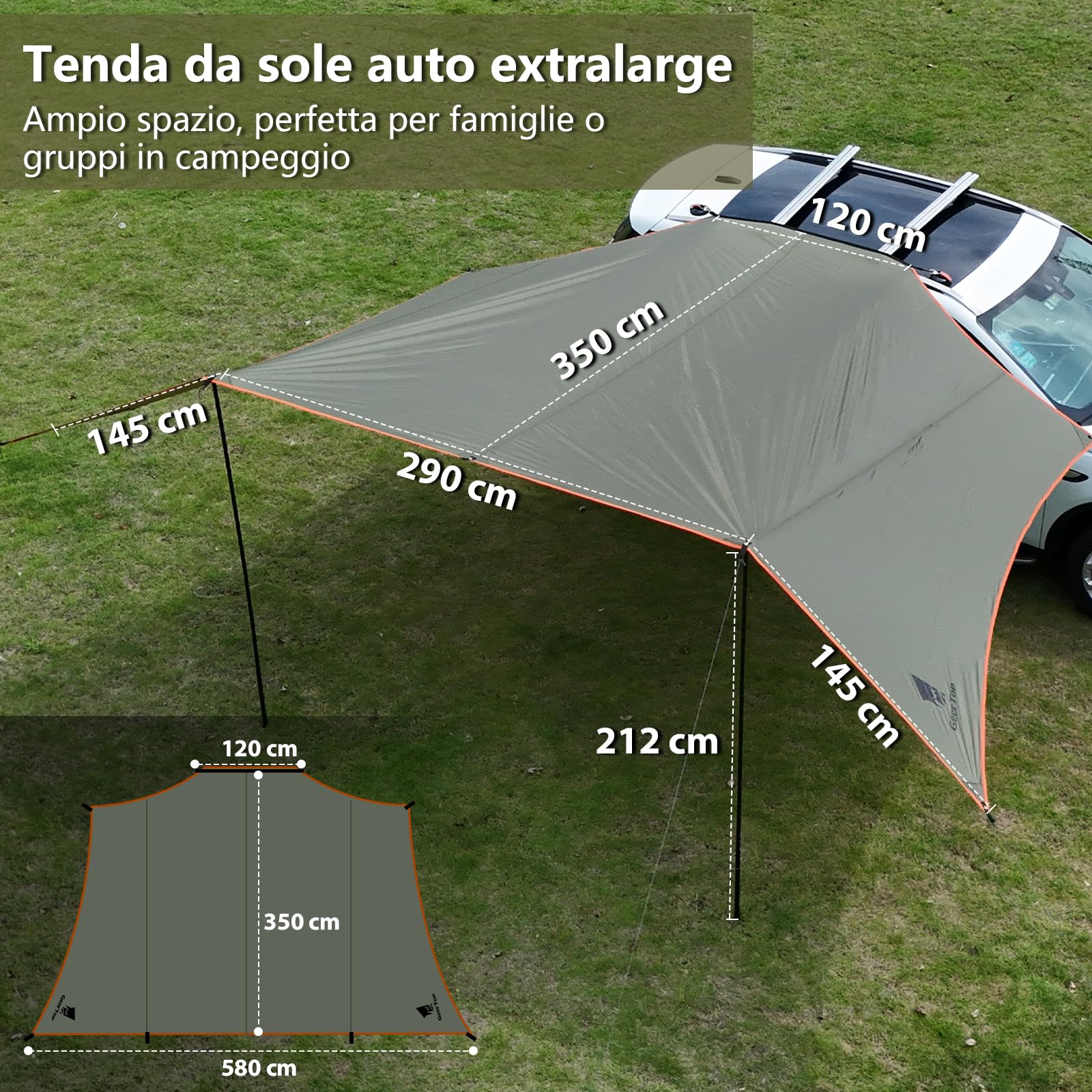 Tenda da Sole Auto GeerTop 3,5 x 5,8 m Impermeabile 3000 mm, Grande Tenda Laterale con 2 Aste, Tettoia Solare Impermeabile per Campeggio Auto, SUV, MPV, Camper