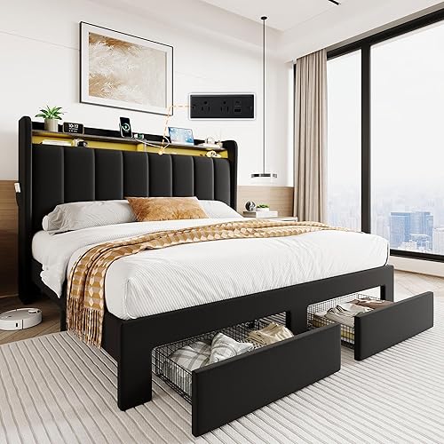 SHA CERLIN Base de cama de terciopelo tamaño Queen con cabecera capitonada de canal vertical y 2 cajones de almacenamiento, estantes de 2 niveles