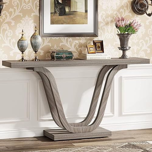 Miniatura 7 de LITTLE TREE Mesa consola de entrada de granja, mesa de sofá de madera de 55 pulgadas con base geométrica, mesa de vestíbulo larga y estrecha vintage