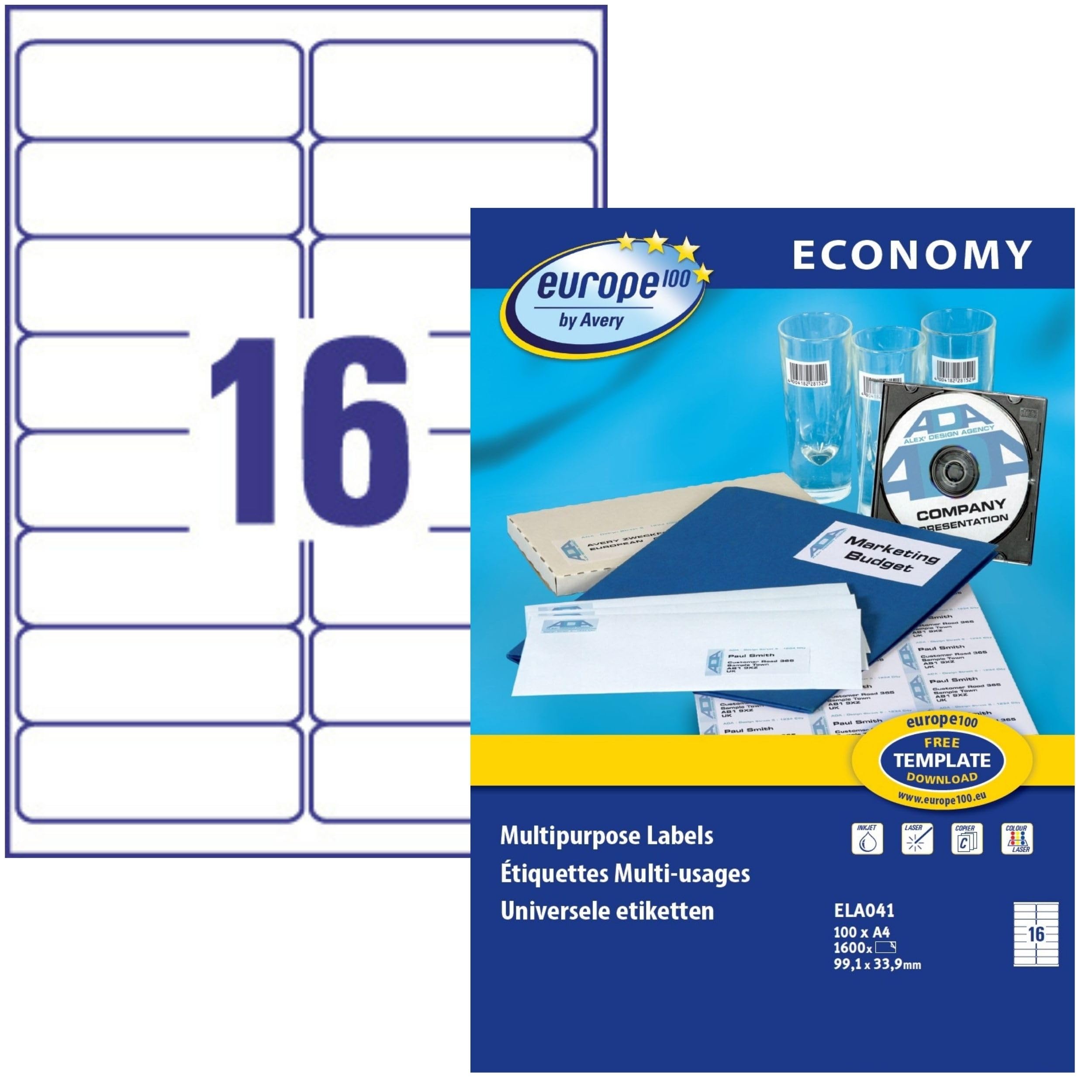 EUROPE 100 1600 Labels - 99.1 x 33.9 mm Multi-Purpose Self-Adhesive Labels for Laser, Inkjet Printers and Copiers