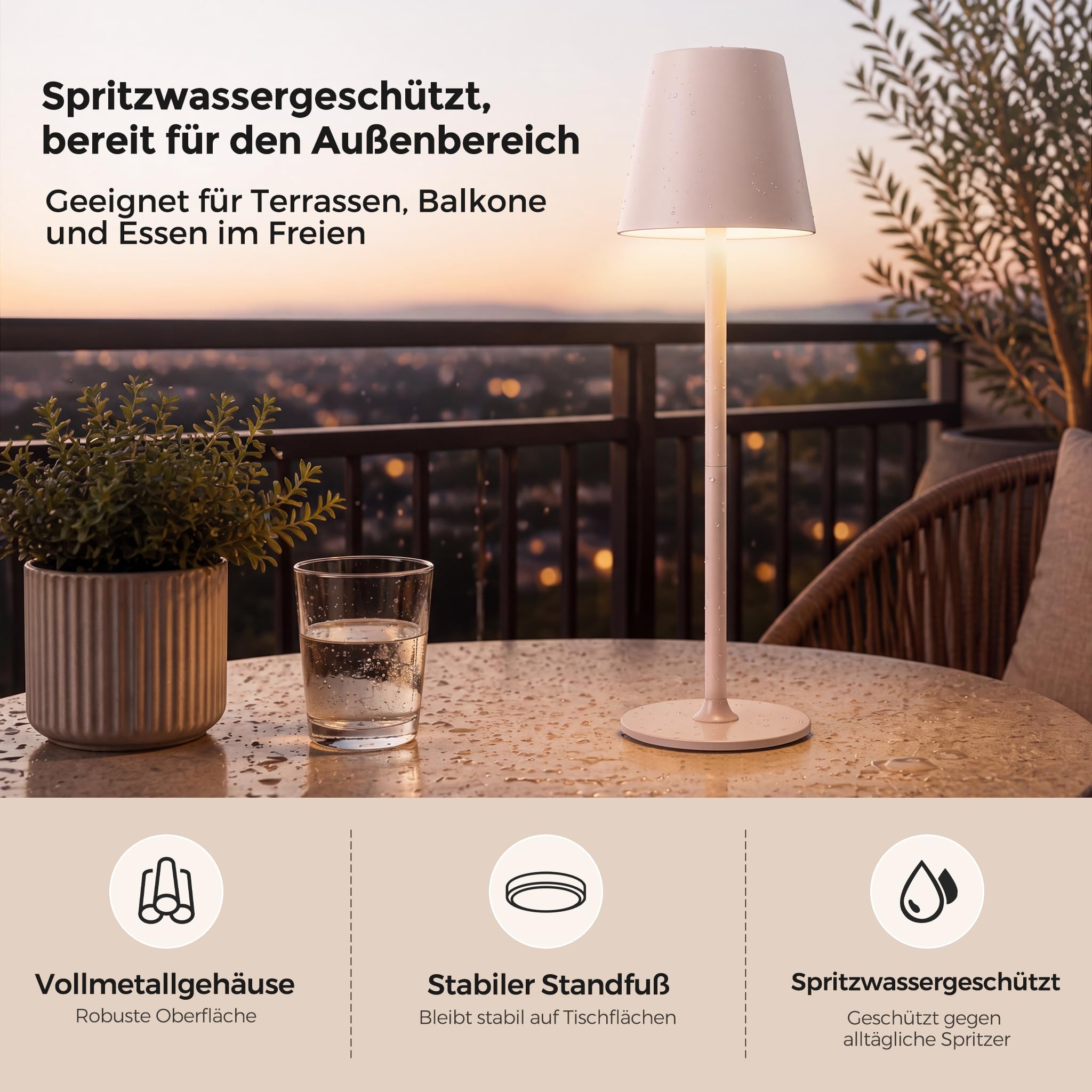 LED Tischlampe Kabellos 2er Set, Tischleuchte für Outdoor Indoor | Akku Nachttischlampe Touch, Stilllicht, 3 Farbmodi & Stufenlos Touchdimmbar, 2 Höhen, Vollmetall, IP54, 5300 mAh, Rosa-Beige
