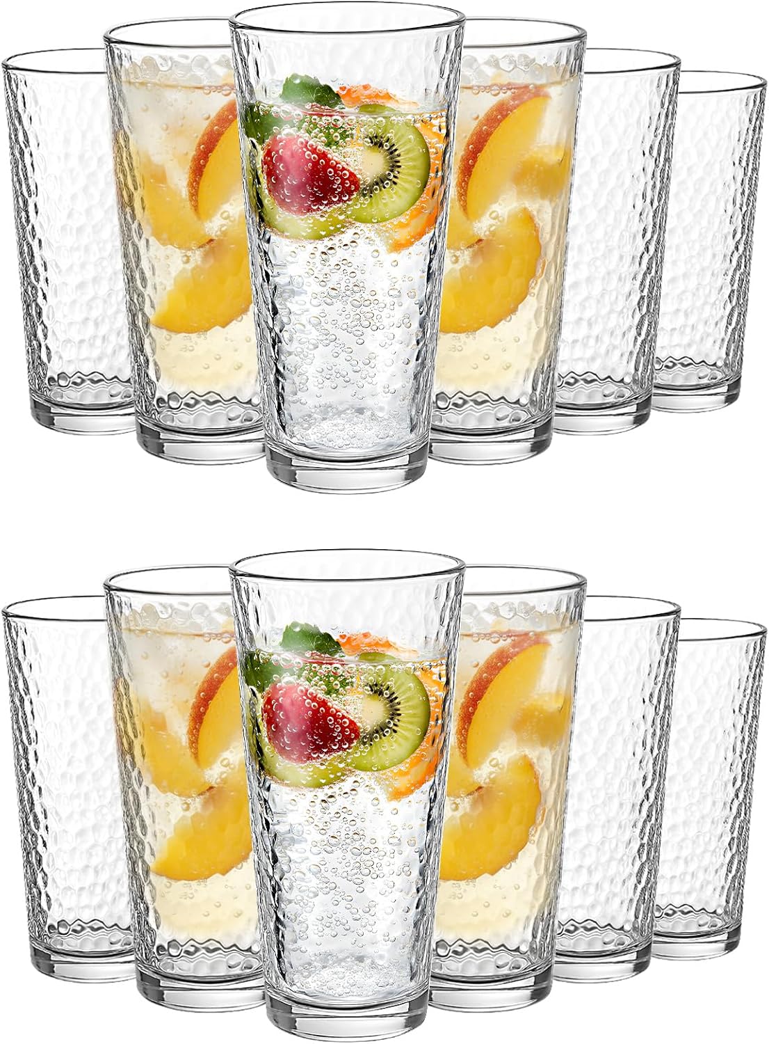 SiliFine 12 Pcs Hammered Drinking Glasses Set, 15 oz Hammered High Tumbler Set, Dishwasher Safe Cocktail Drinking Glasses for Bar, Juice, Beer, Iced Tea Cups