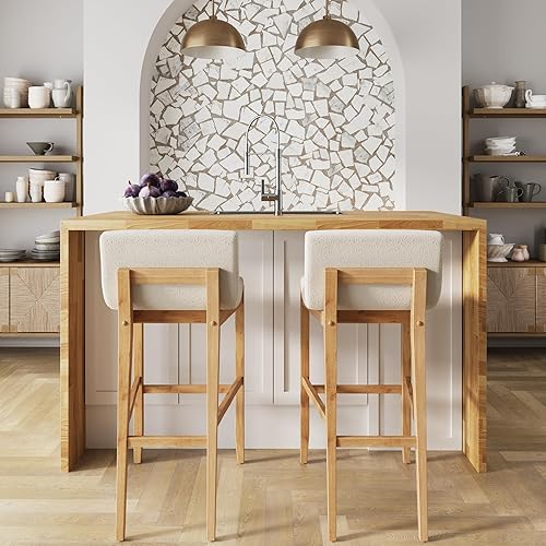 Vista 64 de Nathan James - Gracie - Moderno taburete alto con respaldo, silla alta tapizada con lino texturizado natural y patas de madera cepillada