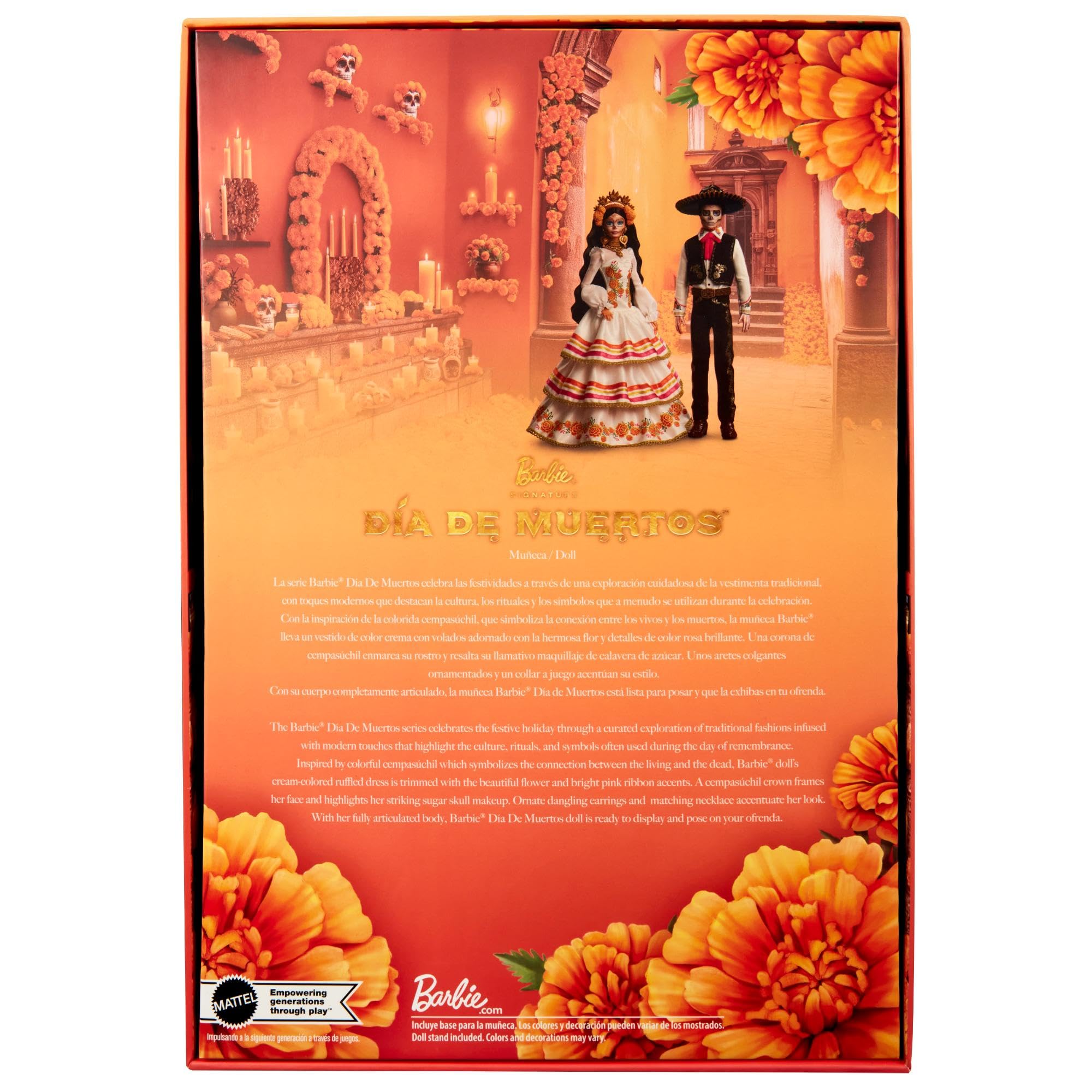Barbie Signature Lalka Día De Muertos 2025 Kolekcjonerska lalka, kremowa suknia z detalami takimi jak falbanki, aksamitki i naszyte wstążki, kwiatowa korona i charakterystyczny makijaż czaszki, JBJ05
