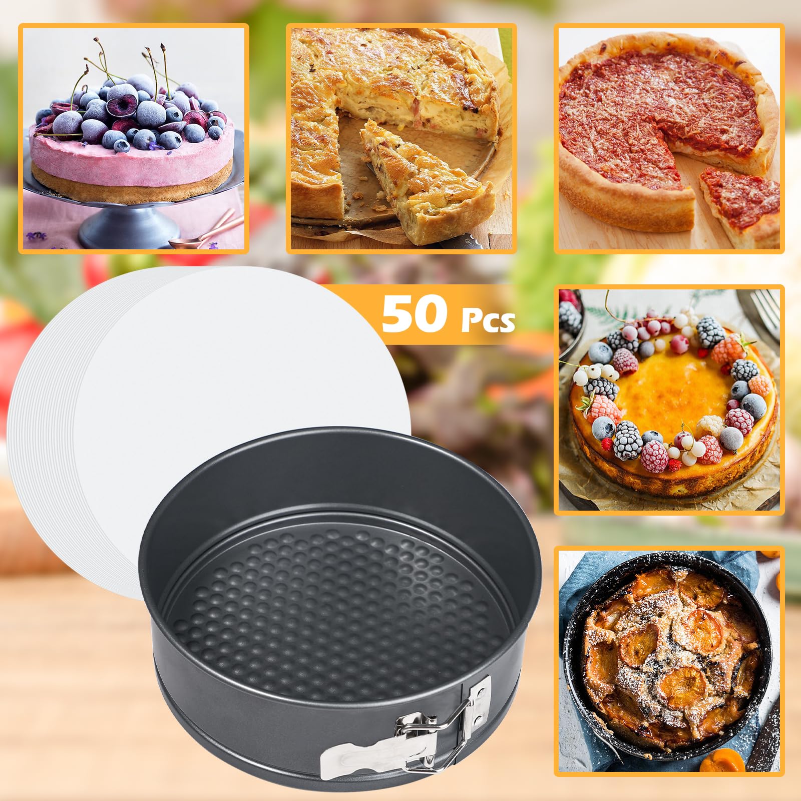 Juego de moldes de 8 pulgadas para hornear, molde antiadherente para tartas de queso, moldes redondos para tartas con 50 forros de papel pergamino 5
