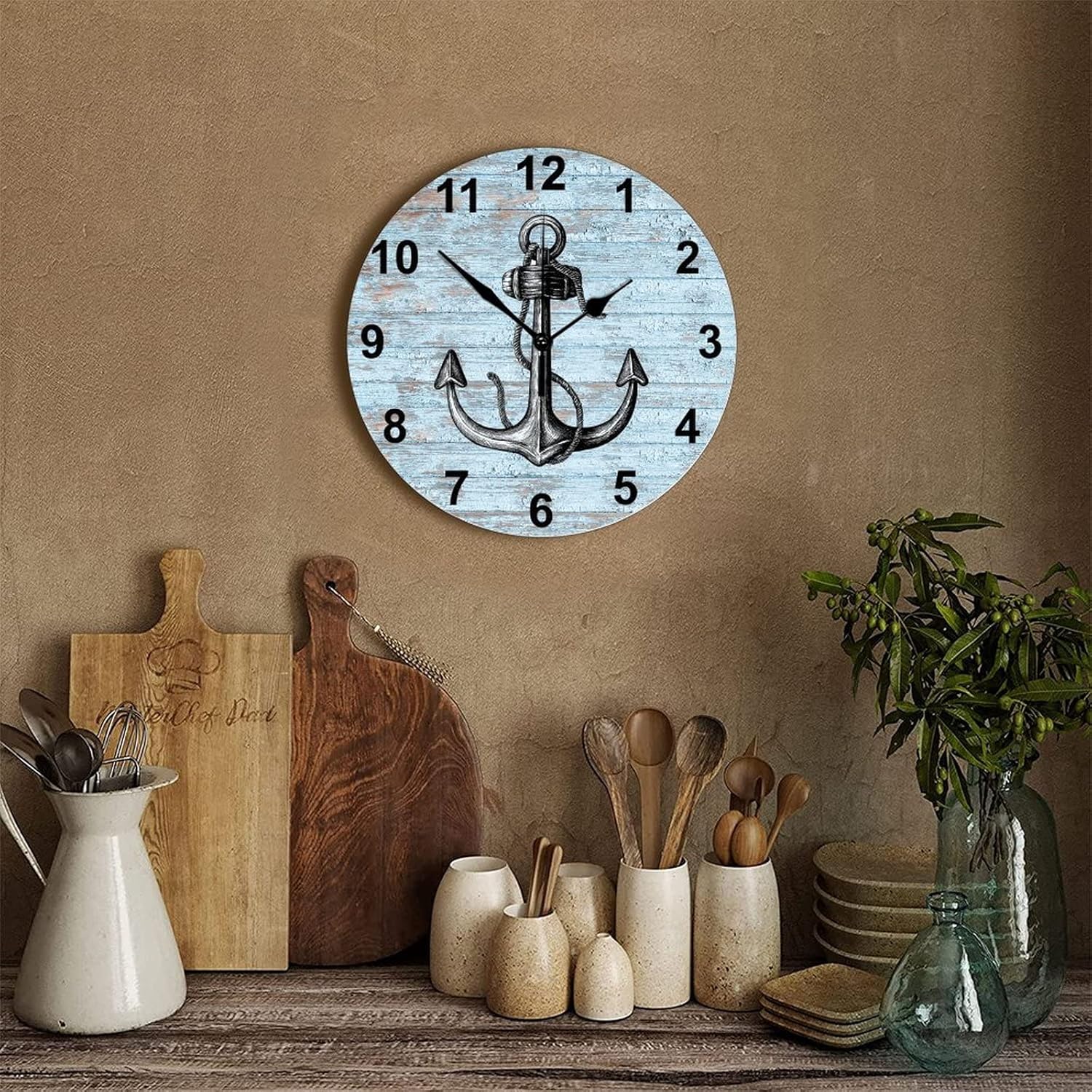 Wood Wall Clock Ocean Theme Nautical Anchor 12 Inch Vintage Round Wooden Wall Clock Easy to Read Digital Antique Style Wood Clock Suitable for Farmhouse Farmhouse Wall Decor Home Accent