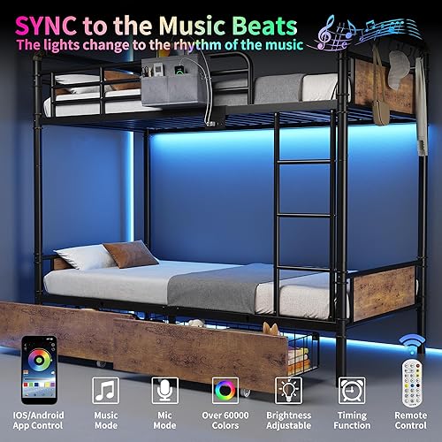 Miniatura 5 de Litera de metal LED individual sobre individual con 2 cajones de almacenamiento, estación de carga USB, literas industriales resistentes con