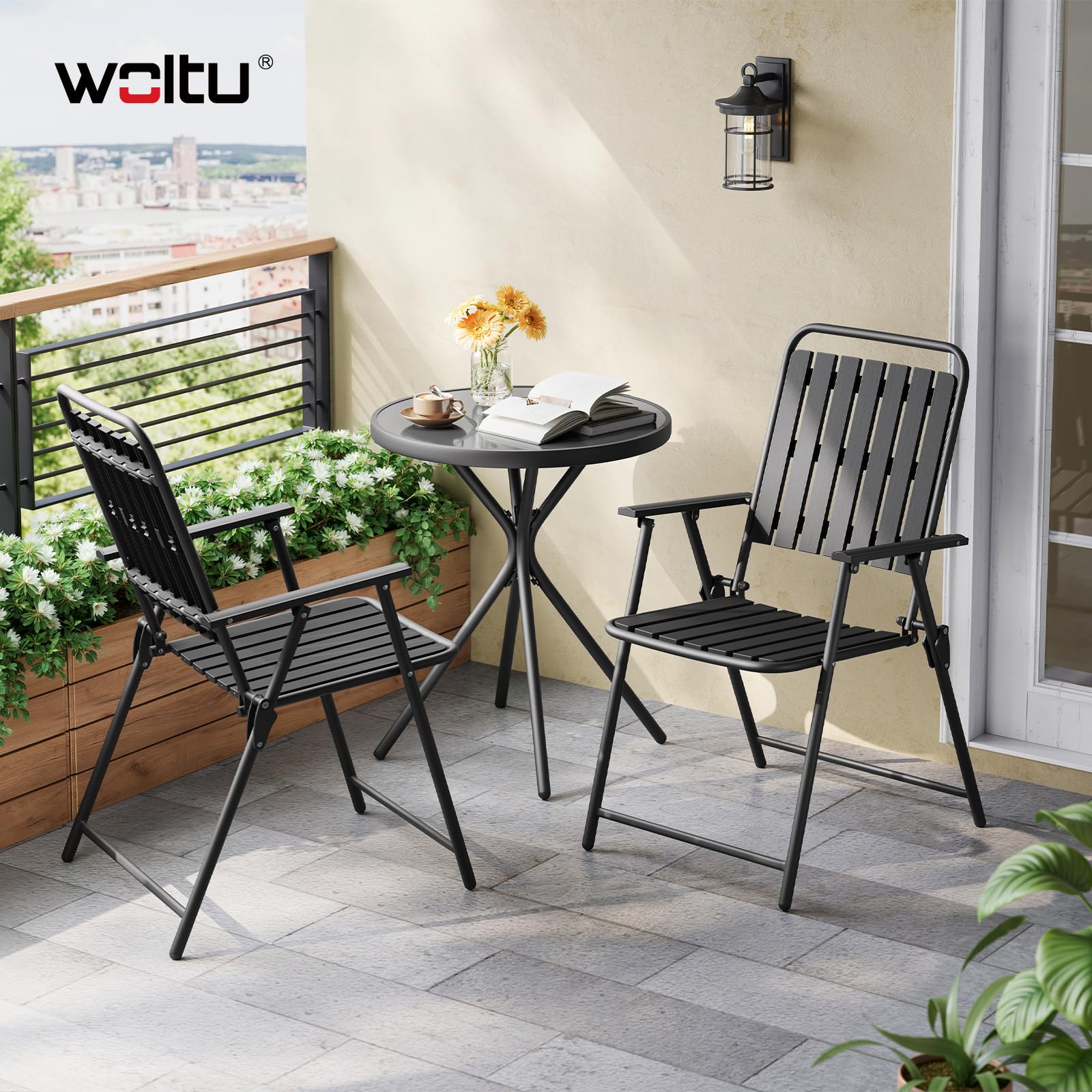 WOLTU Balkonmöbel 3 teilig Balkonstuhl Klappbar mit Balkontisch Runder Bistrotisch mit 2 Stühlen Gartenstühle bis 160 kg belastbar Wetterfest & Stabil, Gartenmöbel für Balkon Terrasse Garten, Schwarz