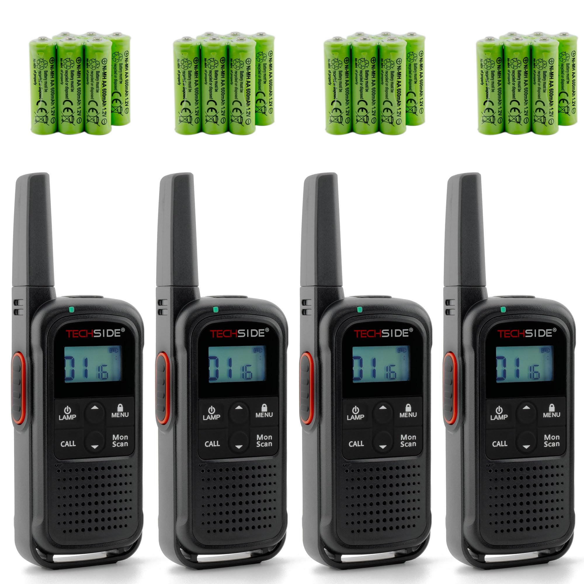 TechSide TS-T3 Go Ricetrasmittente PMR446, 16 Canali, Portata 10 km, Ricarica USB-C, con batterie ricaricabili, Torcia LED, 4 Pezzi Ver.2
