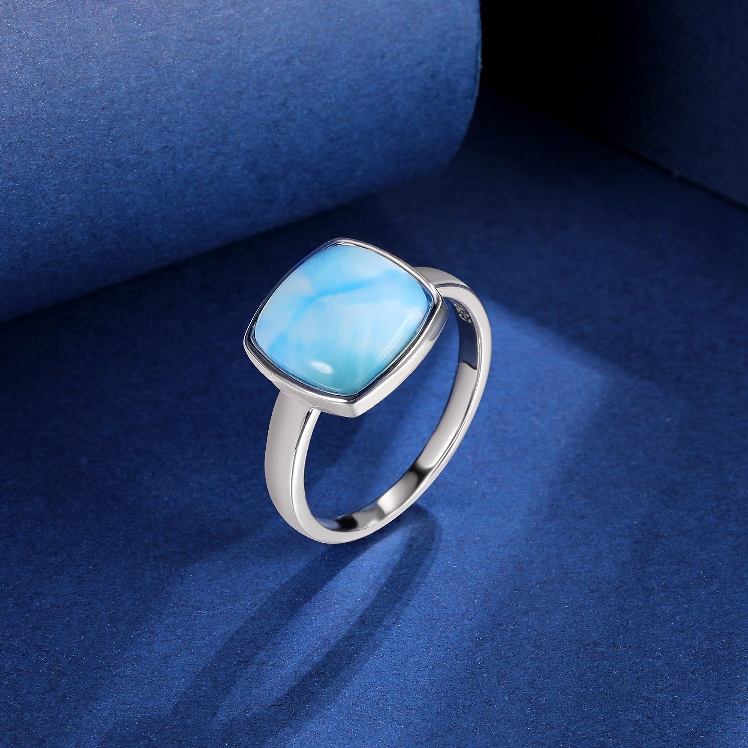 Natural Larimar Ring for Women, 925 Sterling Silver 11x11mm Square Blue Gemstone Engagement Eternity Band Ring