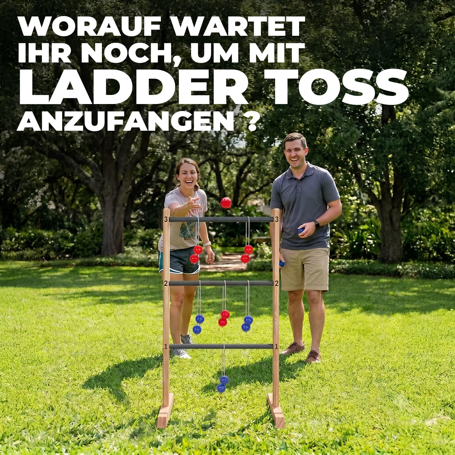 Ladder Toss® | Holz-Geschicklichkeitsspiel für Erwachsene | 1 Leiter + 12 Bolas + 1 Schutzhülle | Wurfspiele | Outdoor-Spielzeug | Outdoor Game | Golfbälle | OriginalCorner®