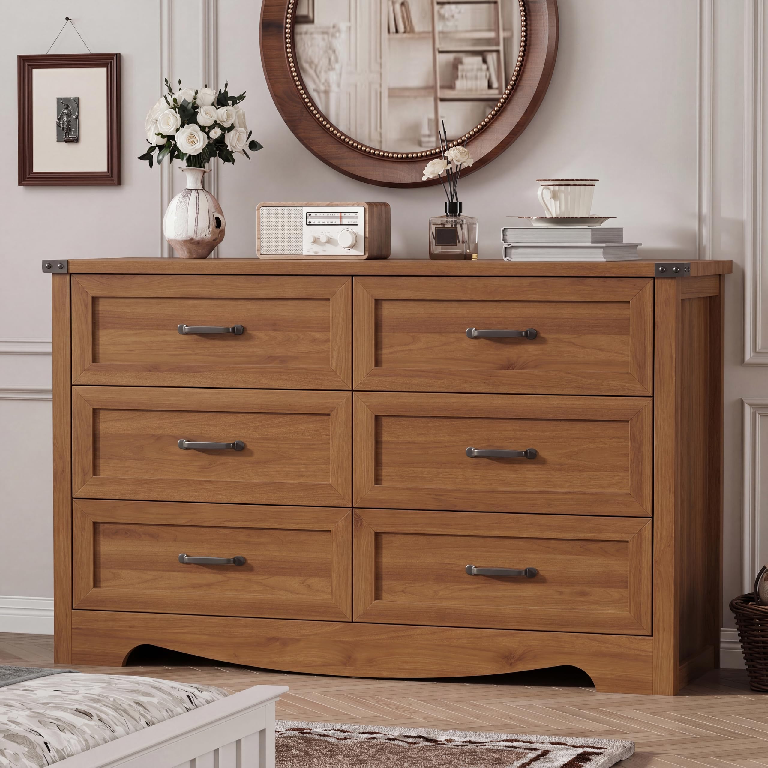 Xixini Dresser for Bedroom with 6 Drawers, 54" Wide Wood Chest of Drawers with Mental Handle, Modern Dresser TV Stand, Wooden Closet Storage Organizer for Living Room, Hallway, Entryway, Walnut