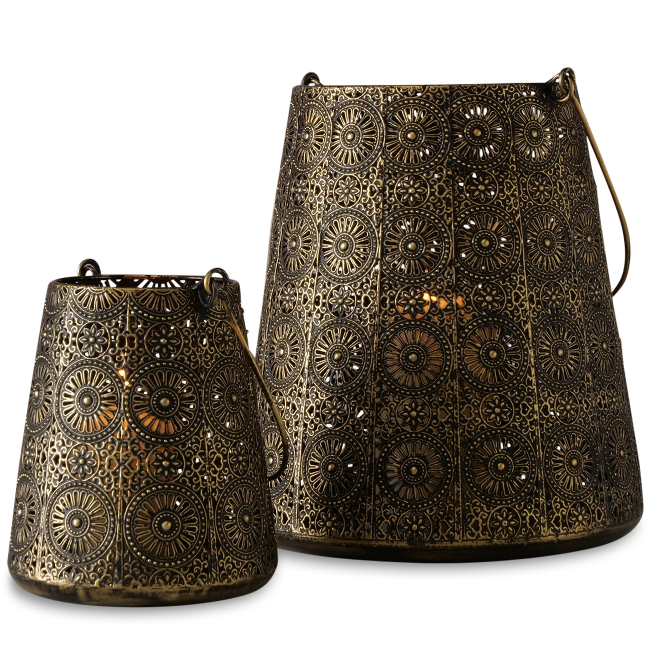 2 Piece Daisy Hurricane Bell Lantern Set, Lattice, Mandala Pattern Metal, Brassy Antique Gold, Dark Patina, Iron, 9.75 and 6.25 Inches