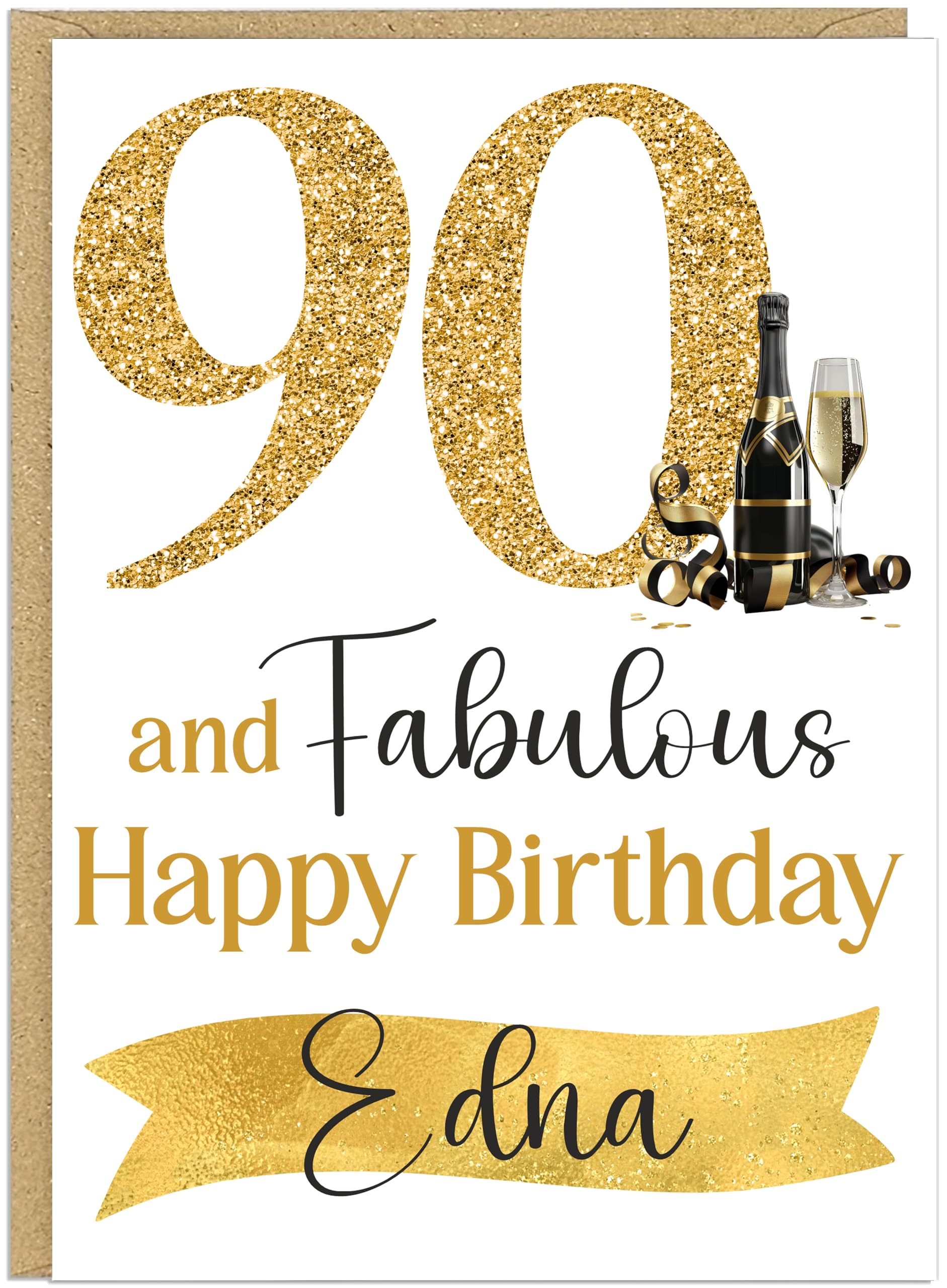 Custom Milestone Birthday For Her Cards - 30th 40th 50th 60th 70th 80th 90th & Fabulous! Add Own Name Gold Champagne Happy Birthday Female Greeting Cards (90th)