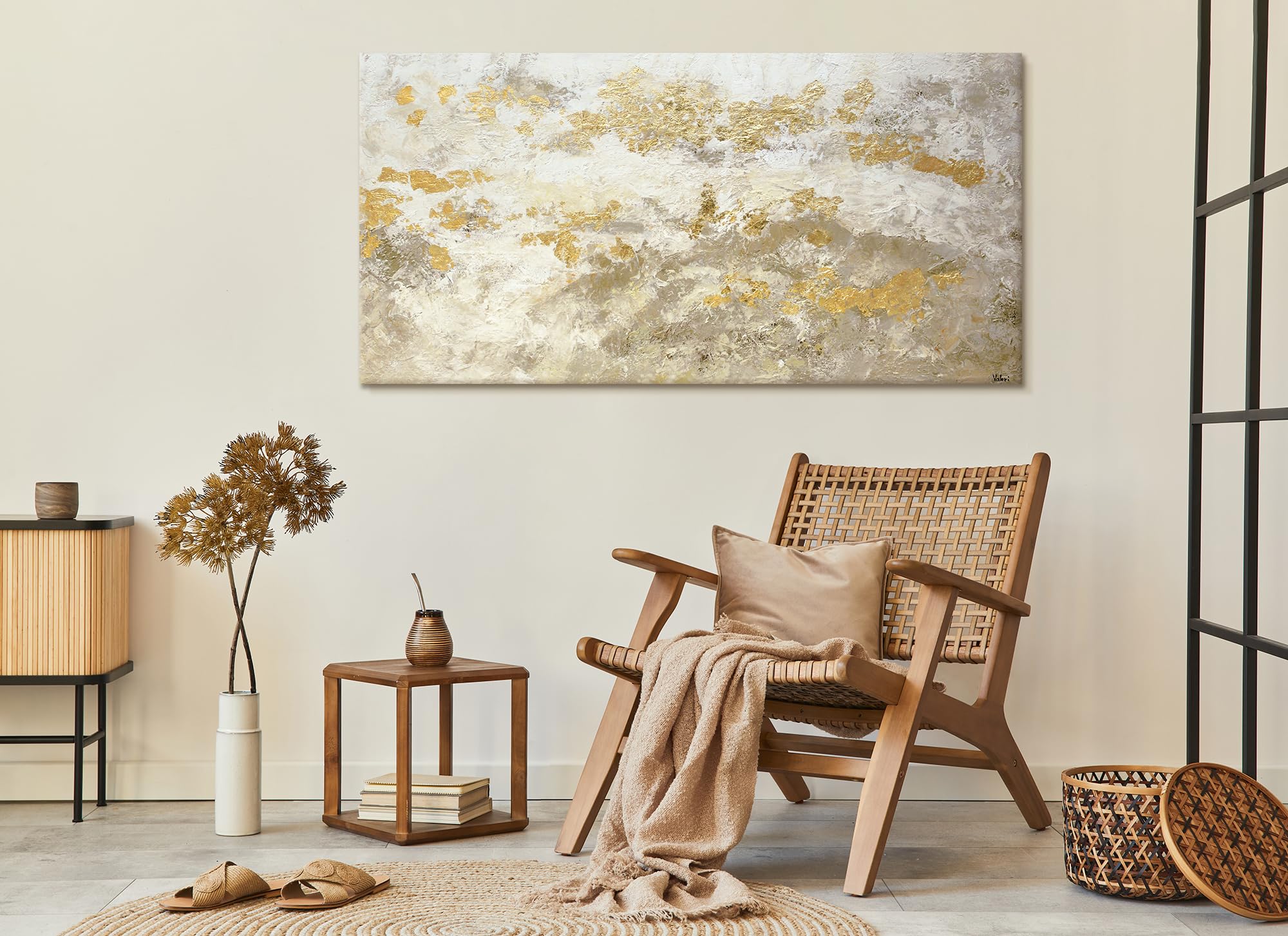 Abstrakt Acryl Gemälde auf Leinwand handgemalt mit Blattgold glänzendes Gold Wandbilder 200x100 cm