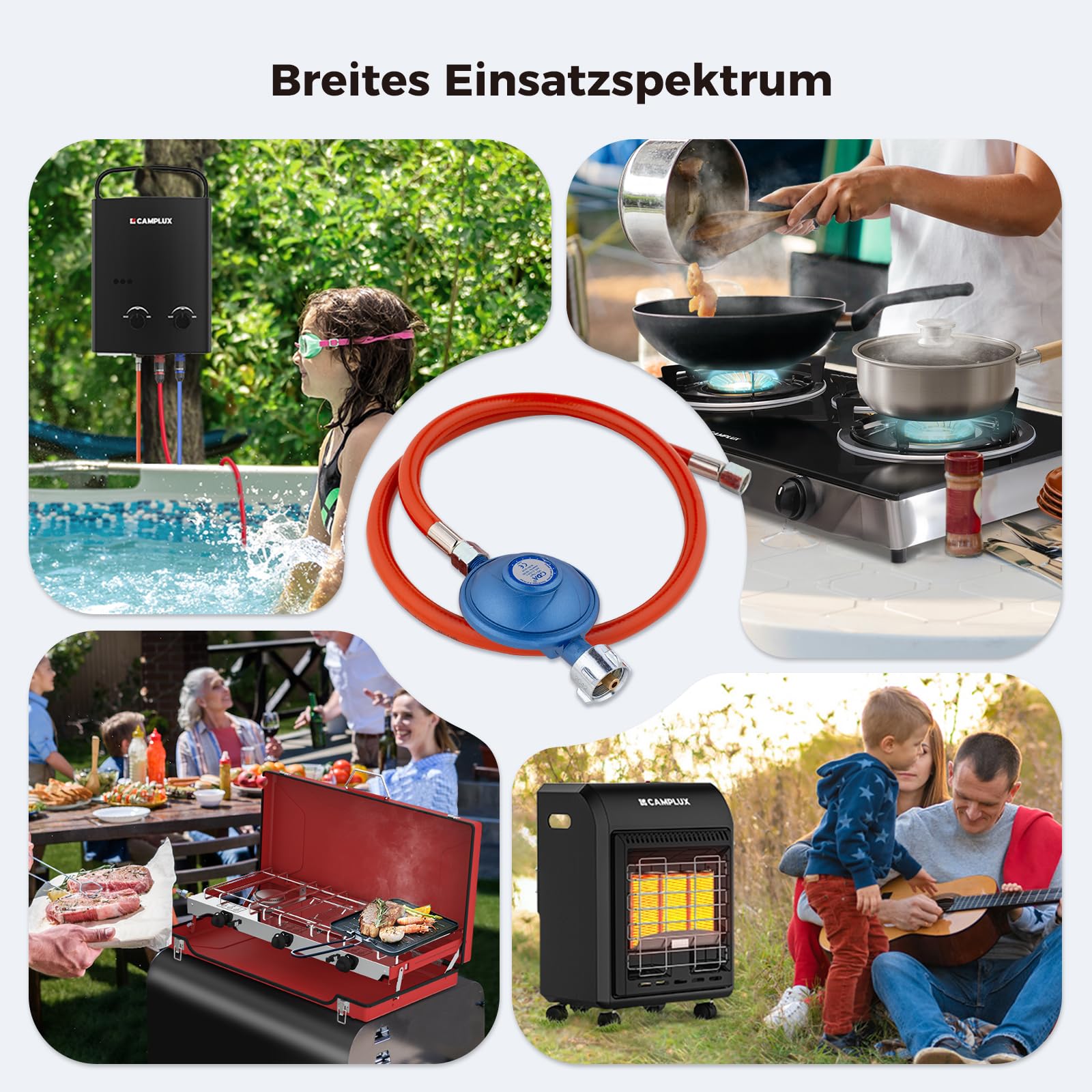 CAMPLUX GE100A Reduktor Gazu 50mbar z Wężem 80 cm, W21,8 × 1/14" LH na G1/4"-LH, Przepływ 1,7 kg/h, Regulator Gazu do Grilla Gazowego, Kuchenki i Ogrzewacza