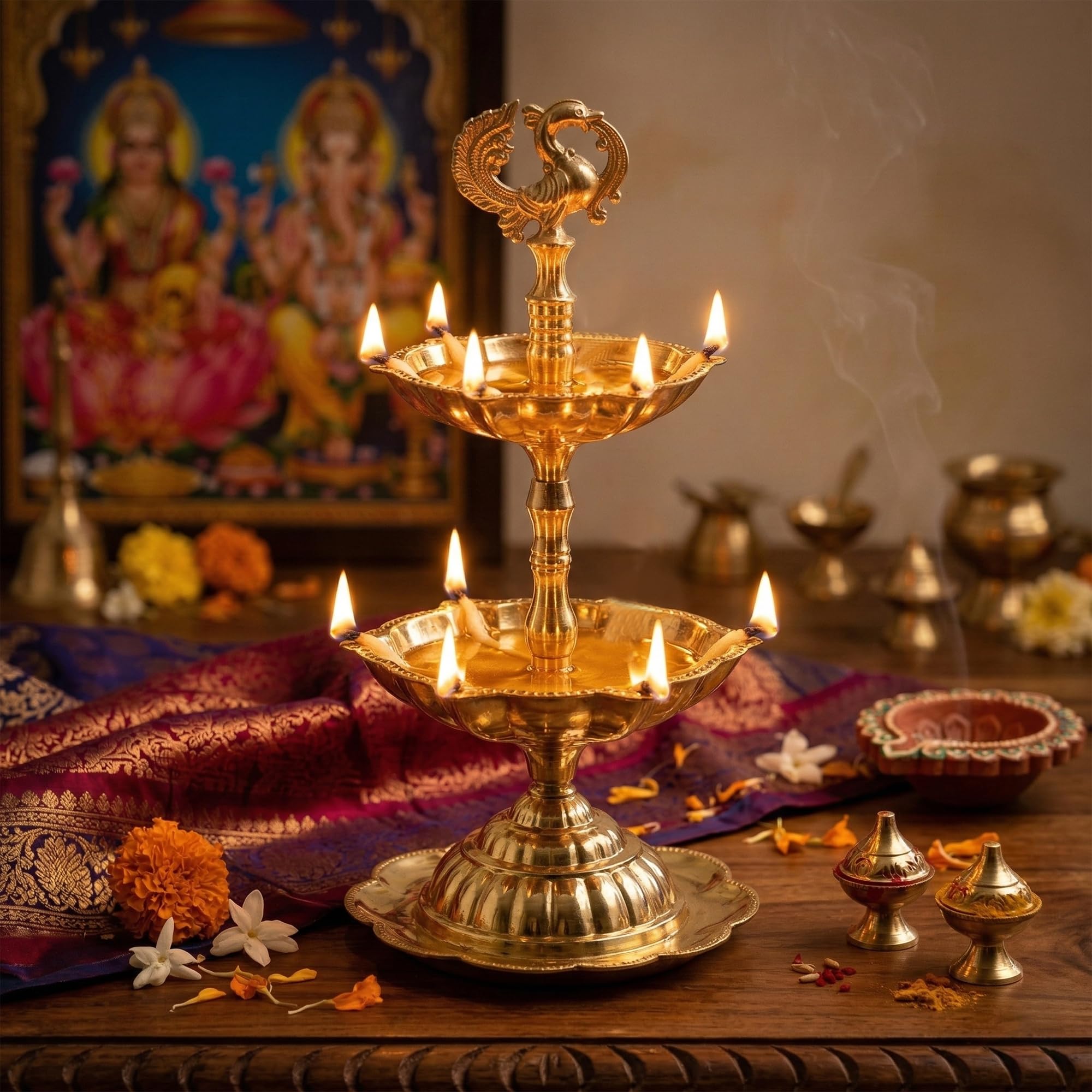 Handcrafted Brass Peacock Step Diya with Large Base Elegant Two-Tier Traditional Oil & Ghee Lamp for Pooja Room, Mandir Decor, Aarti, Festivals, Spiritual Worship & Home Temple Decoration-image-5