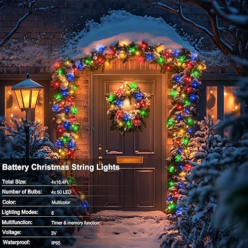 Miniatura 9 de Paquete de 4 tiras de luces multicolor a pilas para exteriores, 16.5 pies, 50 LED, temporizador, luces RGBY de alambre transparente, luces de árbol