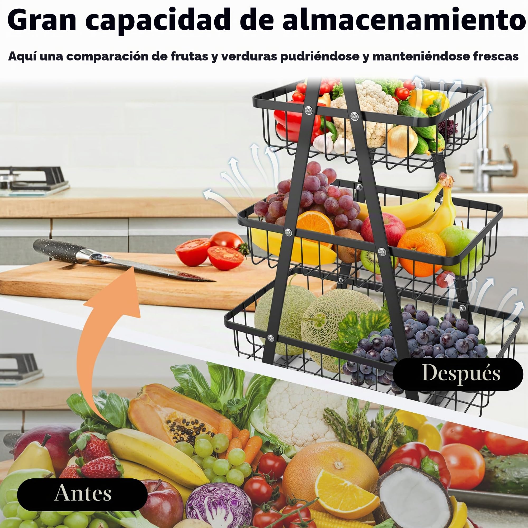 UISEBRT Frutero de 3 pisos, cesta de frutas de metal, bandeja de frutas extraíble, soporte para cocina, cesta de almacenamiento con mango de madera, cesta de pan, estante para verduras, cesta para