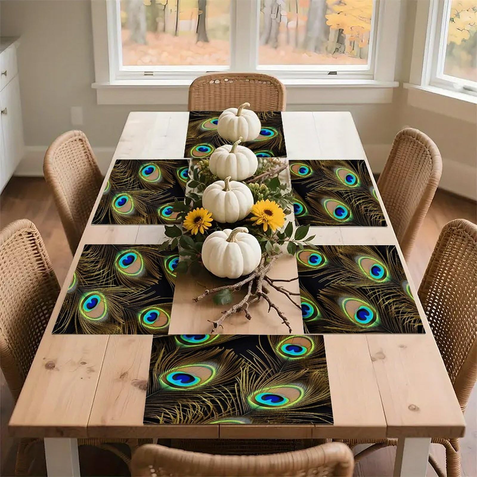 Peacock Feathers Placemats Wipeable Heat Resistant Table Mats Washable Flax Place Mats Elegant Cloth Non-Slip Placemat for Kitchen Dinning Party Table Decor 12 * 18 in