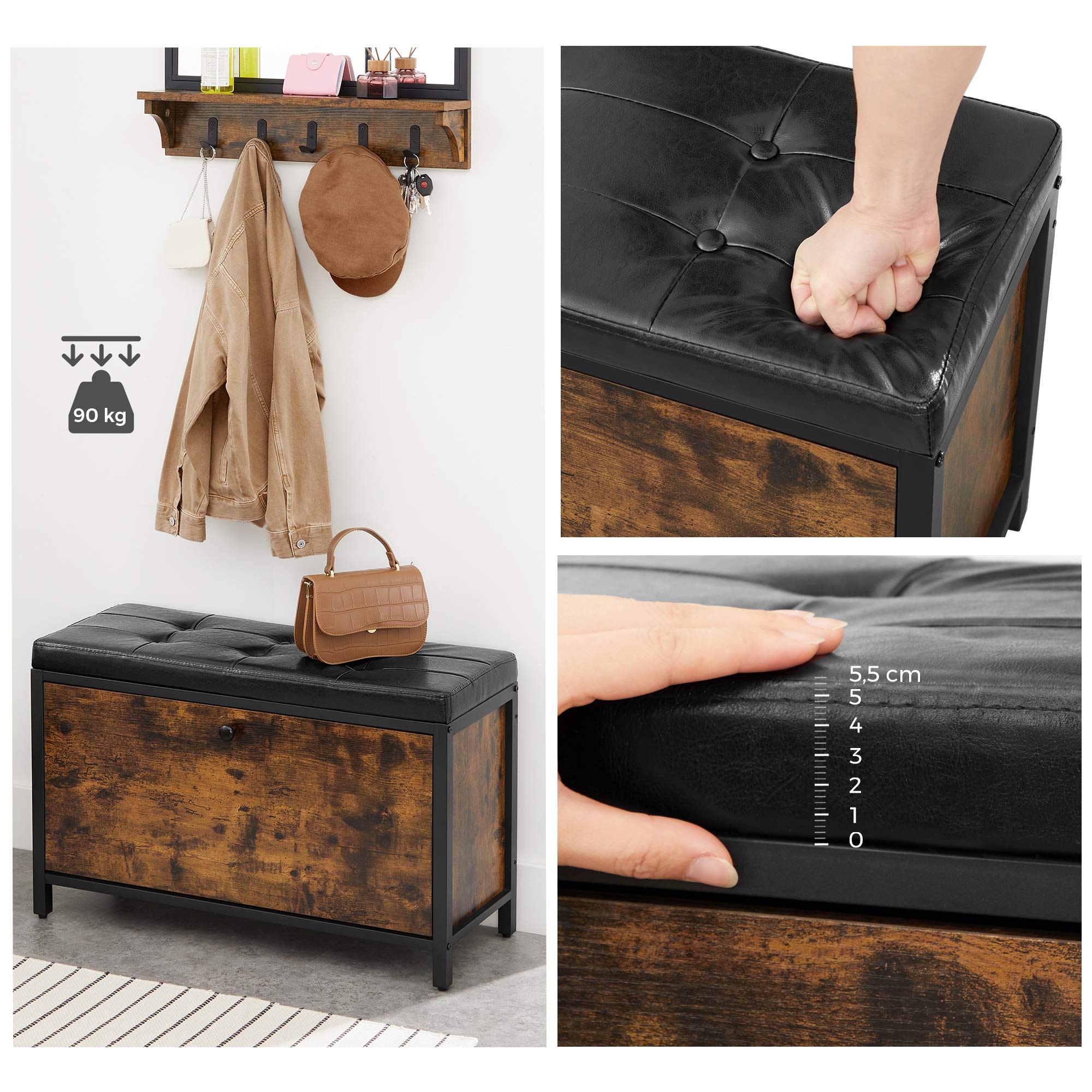 VASAGLE Banco Zapatero, Banco tapizado para Zapatos, con cajón, 2 Filas para 6 Pares de Zapatos, Estructura de Acero, Industrial, Marrón Rústico y Negro LSB049B01