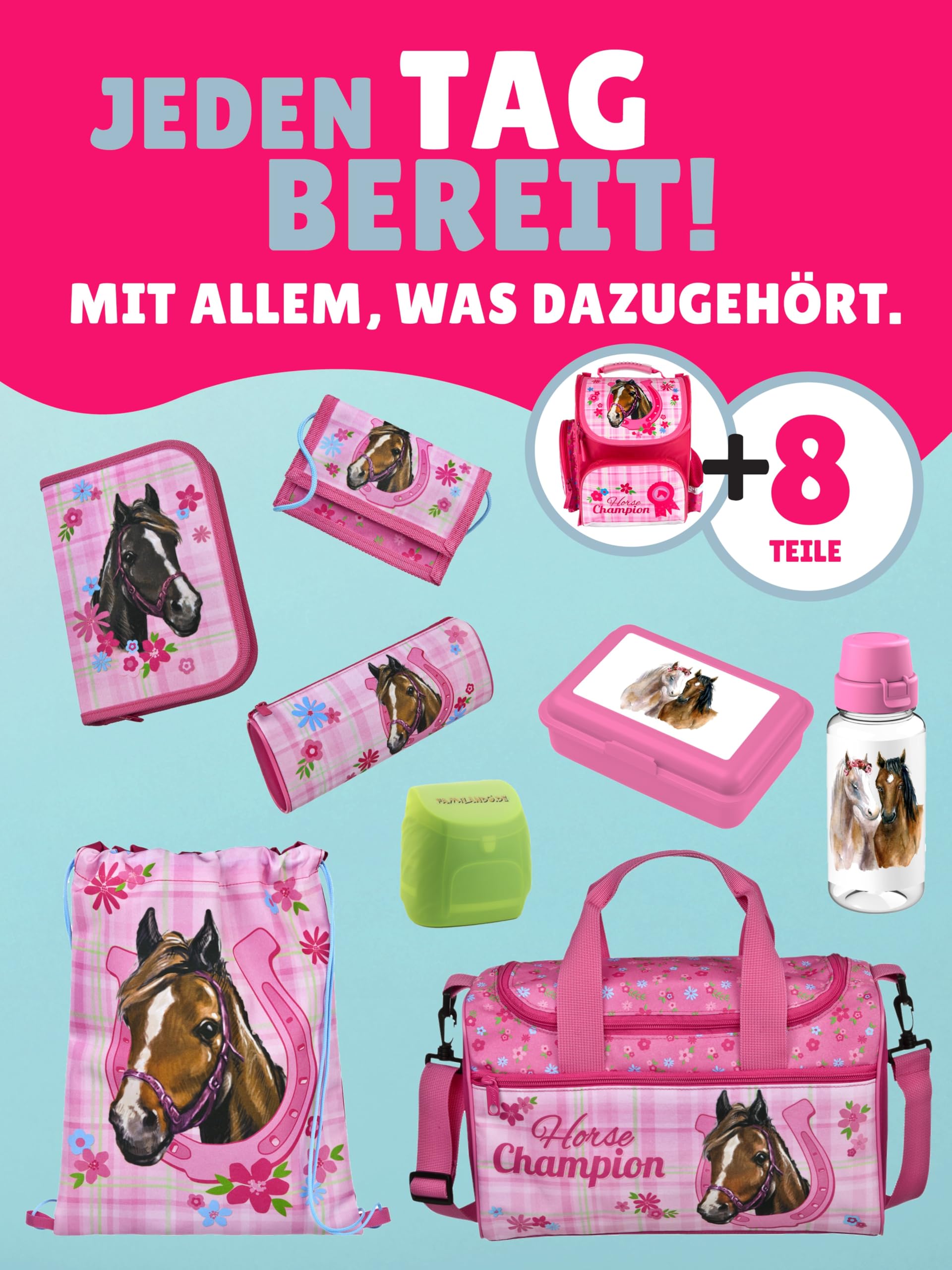 Familando - Schulranzen Set CLOU - 9-teilig mit Sporttasche - Pferde - Ergonomisch, stabil & mit gepolstertem Rücken - 930g leicht - 15L Volumen - Mit Reflektoren - Für Grundschule ab 1. Klasse