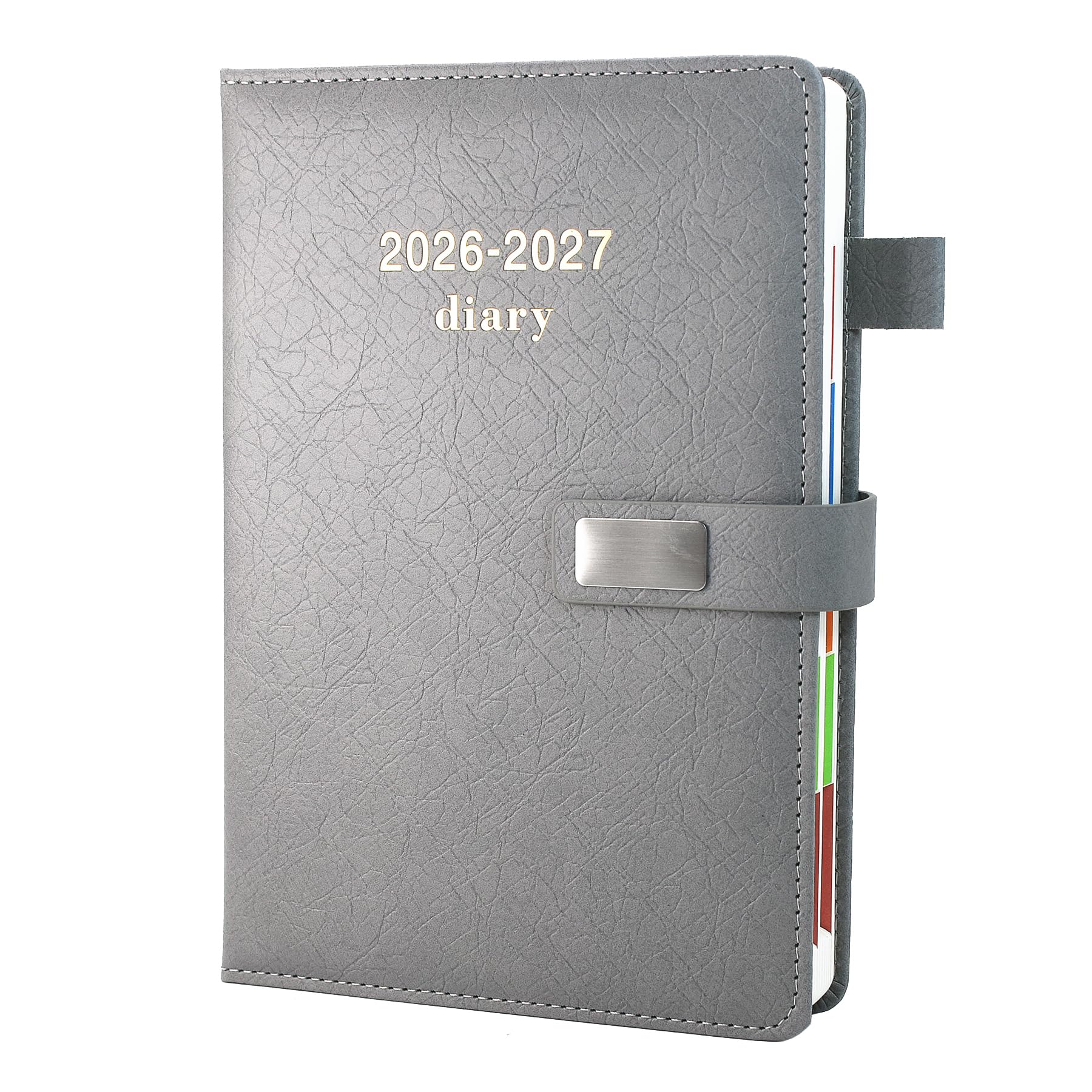 Academic Diary 2026-2027, Faux Leather Diary 2026-2027 A5 Page A Day,Productivity Daily Planner from Jul 2026 to Jun 2027 With Monthly Tabs, and Colorful Side Panels (Grey)