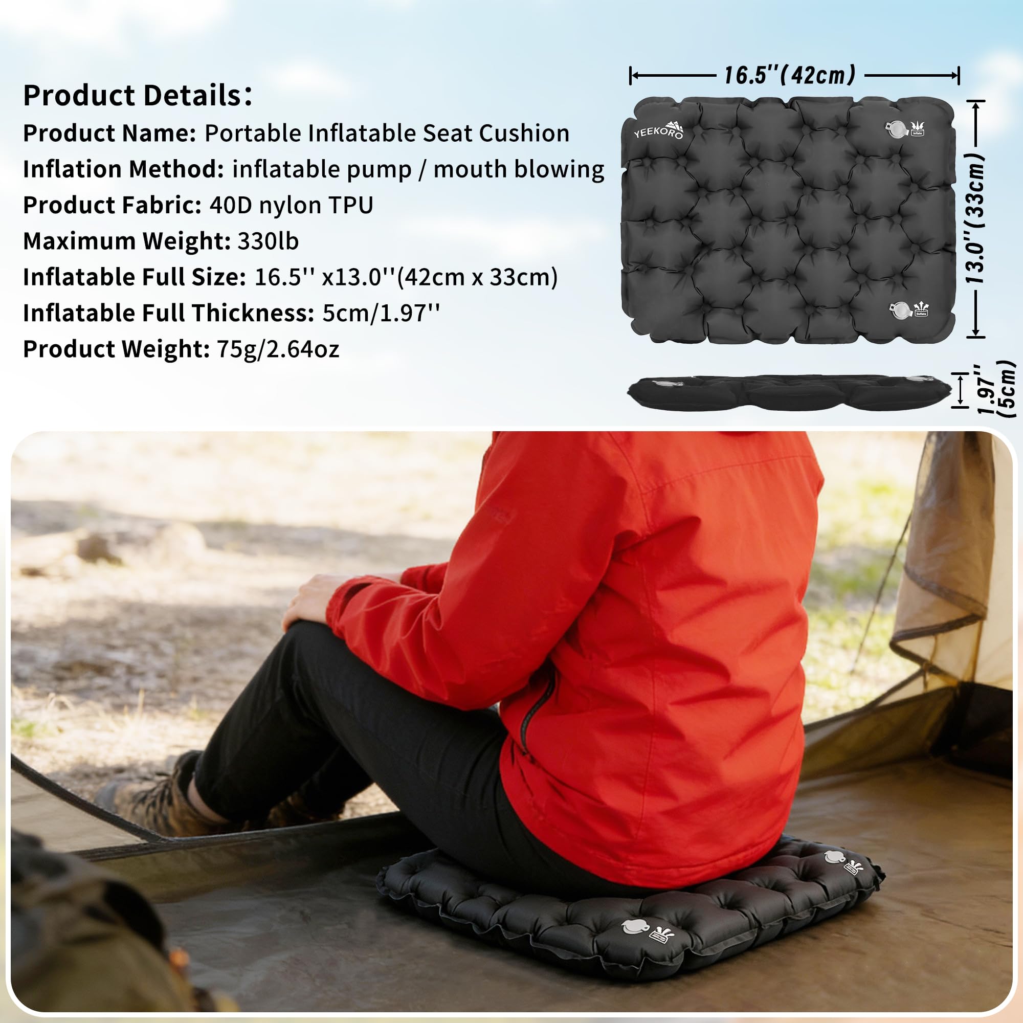 Cuscino gonfiabile per seduta, leggero, da campeggio, con panni di riparazione, impermeabile, portatile, per arrampicata, escursionismo, ufficio, aereo, auto, stadio, confezione da 2