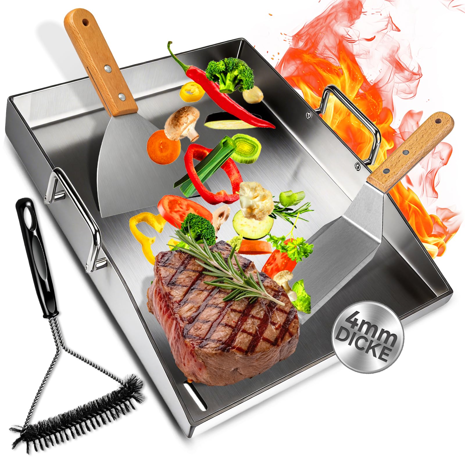 Grillplatte Plancha Geschenke für Männer Frauen, Grillplatte aus 4mm rostfreiem Edelstahl [40 x 30cm]-mit Griff, Enthalten Grillspachtel Set & Reinigungsbürste, Grill Platte für Gasgrill & Kohlegrill