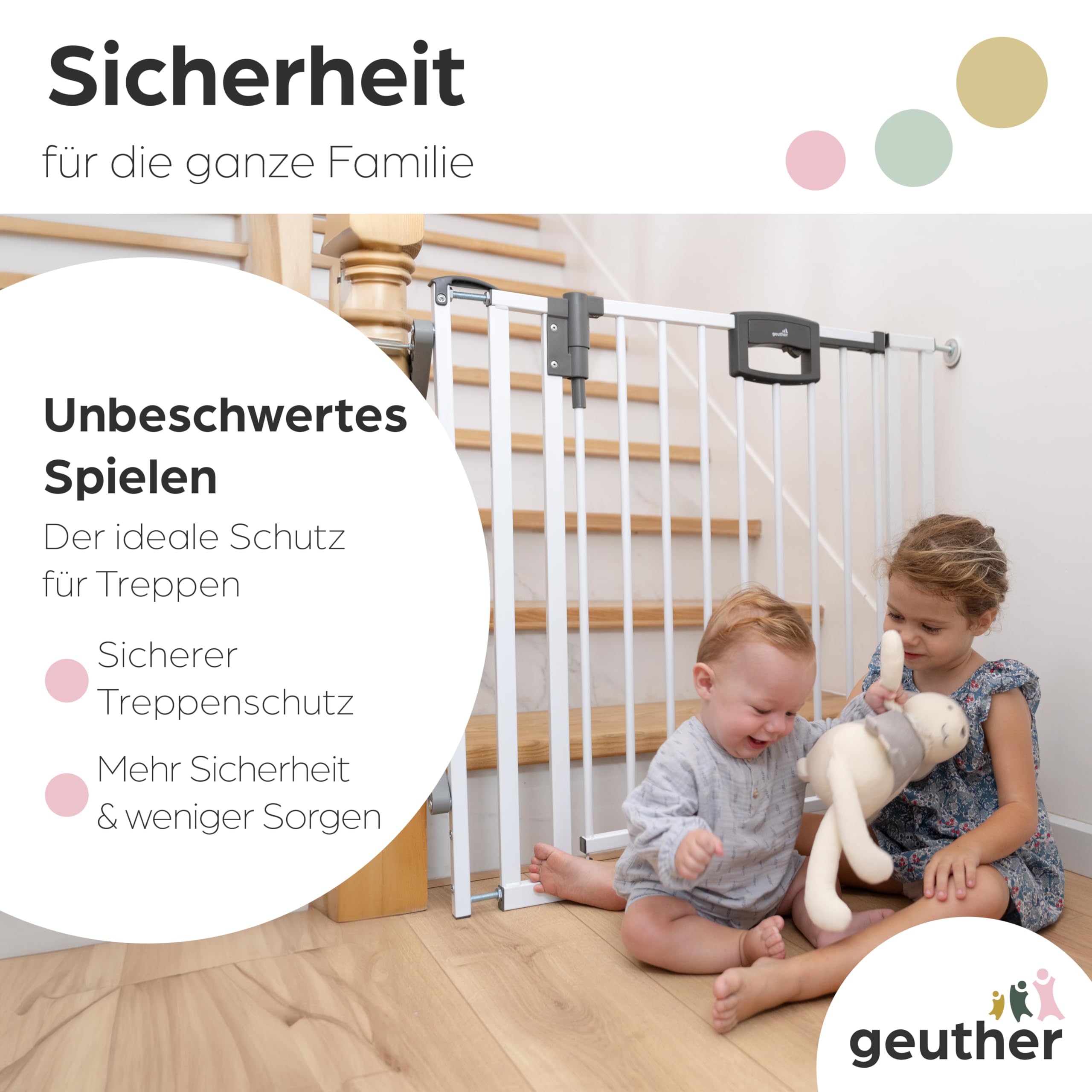 Geuther Treppenschutzgitter Easylock Plus | Türschutzgitter ohne Bohren inkl Klemmen | Breite 84,5-92,5 cm | Türgitter Baby Holz-Metall | Kinderschutzgitter beidseitig öffnend | Kindersicherung | Weiß