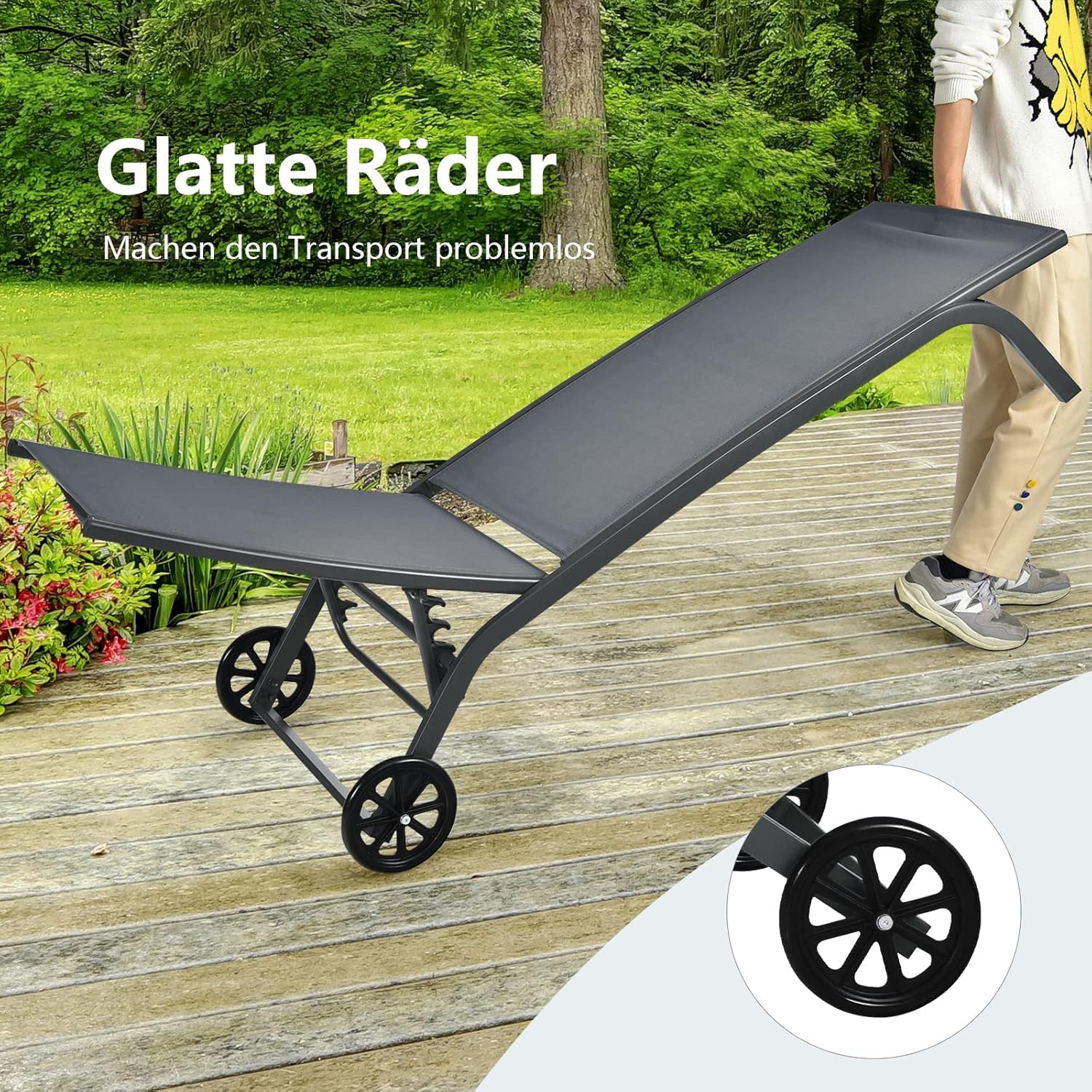 GOPLUS 2er Set Sonnenliege mit Rollen, Gartenliege wetterfest, Liegestuhl, Relaxliege mit 6-stufig Verstellbarer Rückenlehne, bis zu 150kg belastbar, Sonnenliege für Terrasse, Garten, Pool, Grau