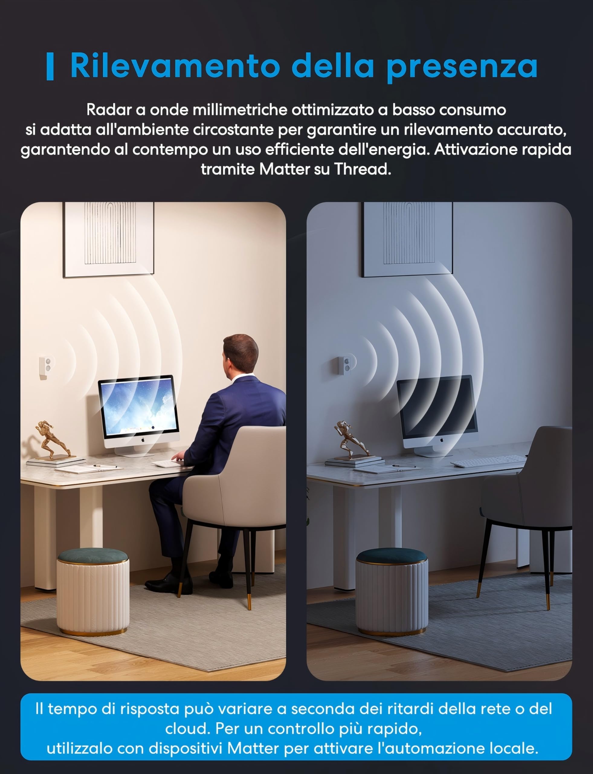 Meross Sensore di Presenza Matter over Thread, Sensore di Movimento IP67 con Rilevamento a 3 Zone, Sensore Movimento a Batteria Compatibile con Apple HomeKit, Alexa, Google Home