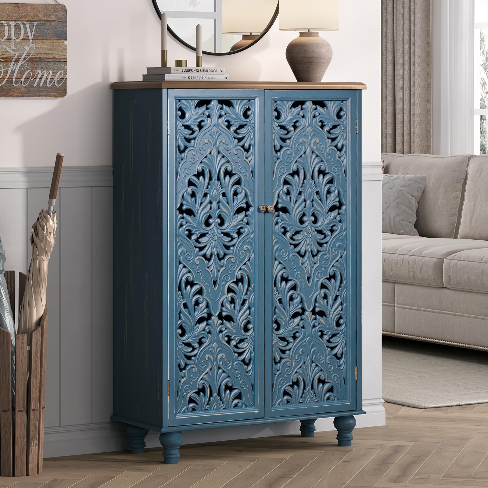 Tall Accent Cabinet with Doors,Decorative Storage Cabinet with Solid Wood Legs,Farmhouse Sideboard Buffet for Living Room,Entryway,Blue &amp; Walnut