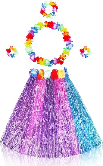 5PCS Hawaiian Hula Grass Skirt for Women Luau Multicolor Flowers Costume for Tropical Beach Party