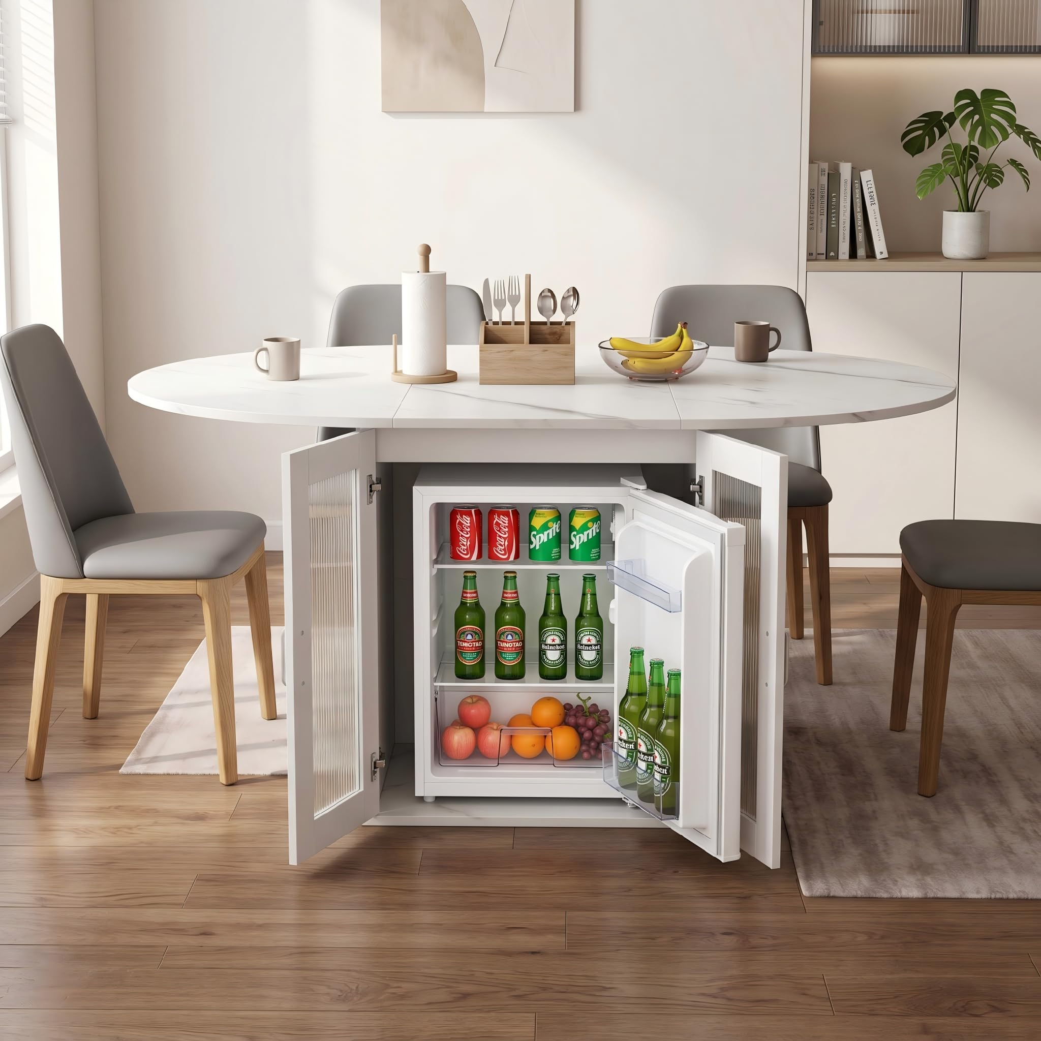 Tavolo da pranzo allungabile con spazio di archiviazione, 100 a 140 cm, tavolo da cucina allungabile, ovale, rotondo con spazio di archiviazione, per un piccolo frigorifero, tavolo da pranzo per