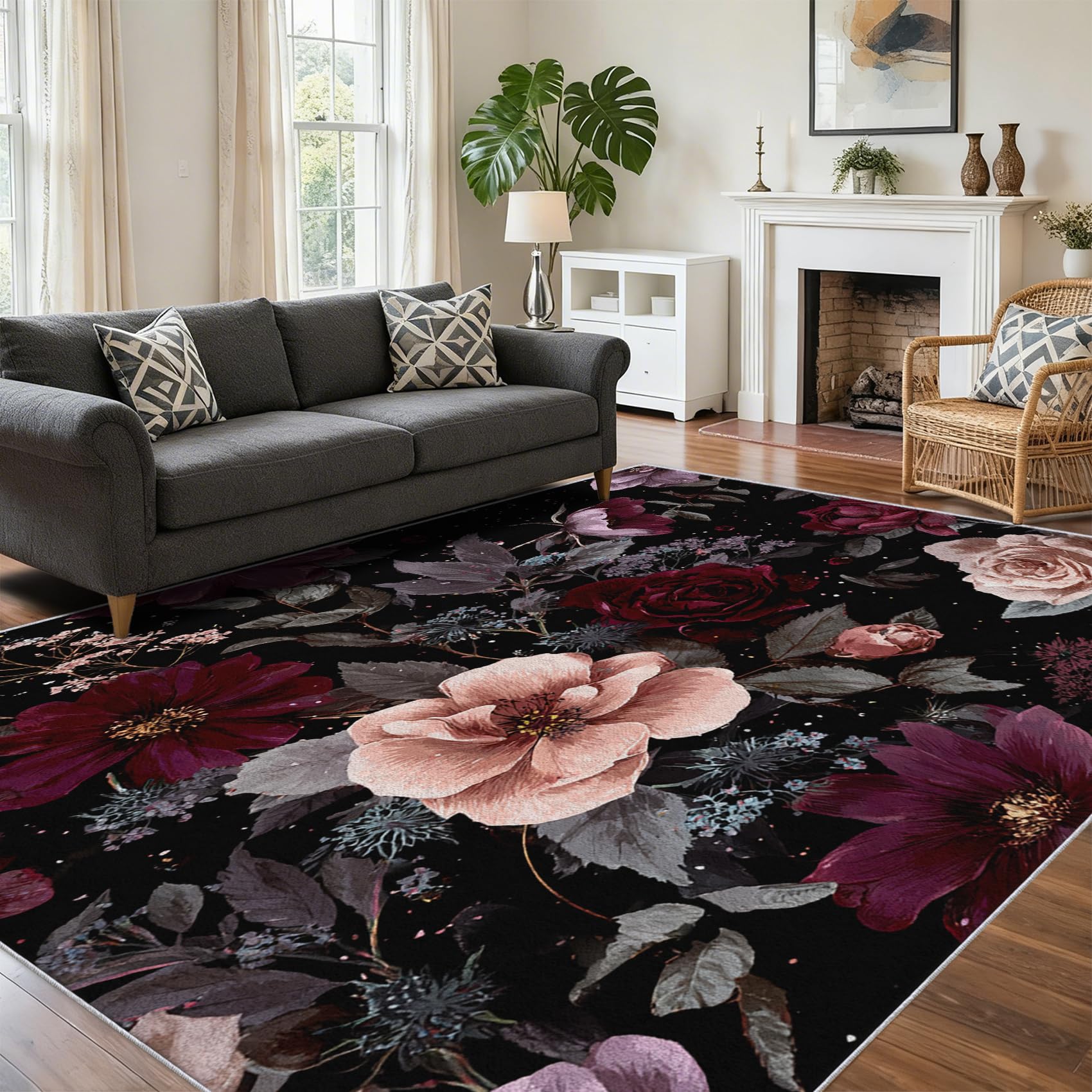 Tapis salon fleur vintage 150x200 cm lavable antidérapant FV361