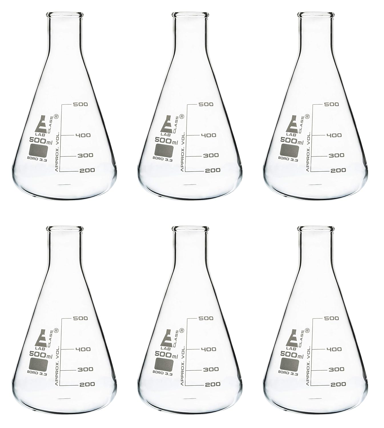 EISCO 6PK Lab Erlenmeyer Flasks, 500mL Borosilicate Glass Narrow