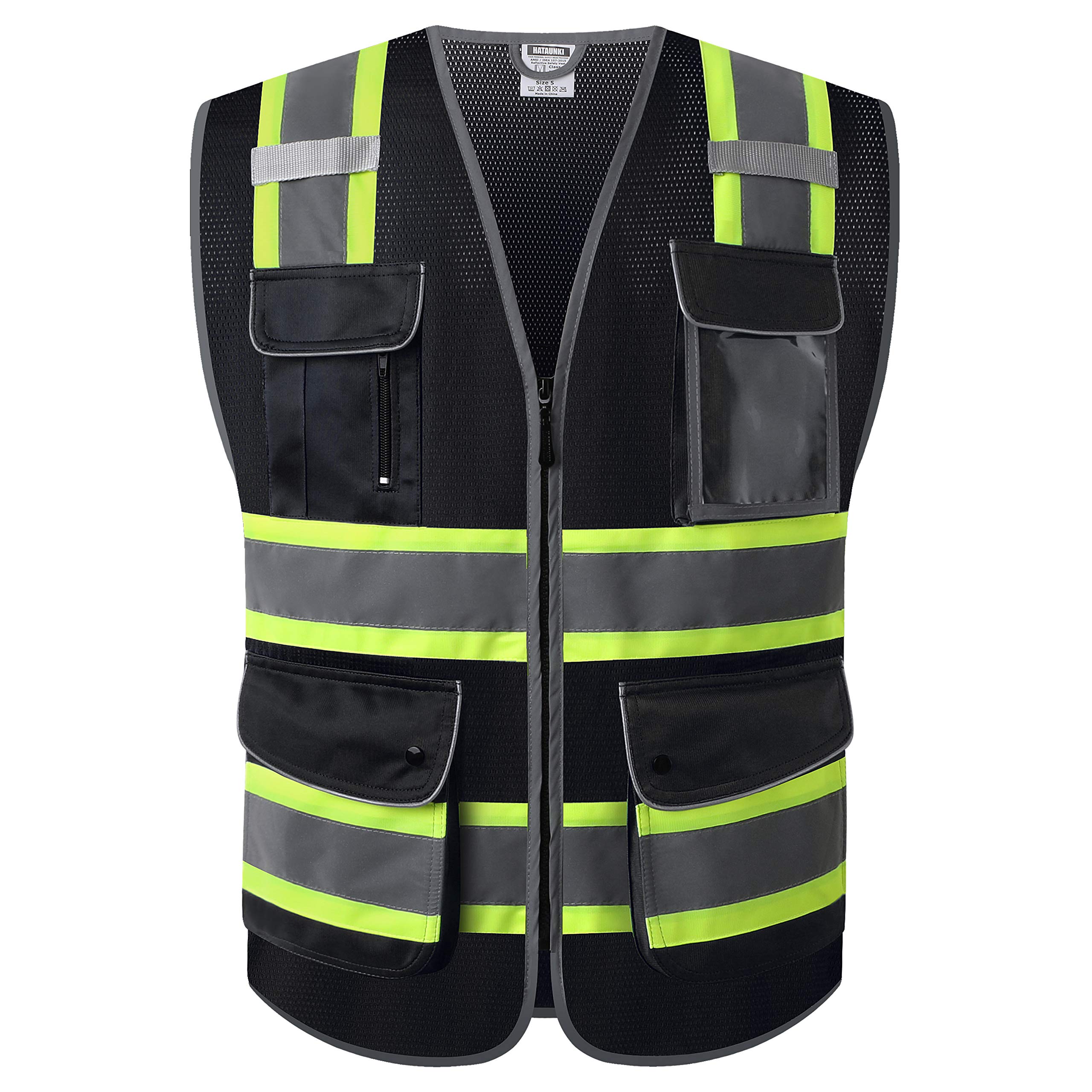 HATAUNKI Reflective Safety Vest for Men Women Hi Vis Vest with 9 Pockets High Visibility Mesh Reflective Vest Meets ANSI/ISEA 107-2015 (Black-04,