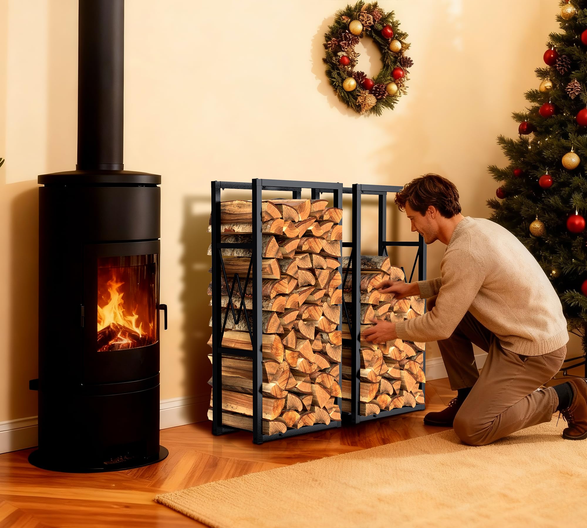 HFHOME Kaminholzregal Höhen- und Längen Verstellbar für Innen & Außen, Metall Brennholzregal für Brennholz Aufbewahrung mit Rutschfester Matte, Holzregal Max. 75 x 25 x 170cm