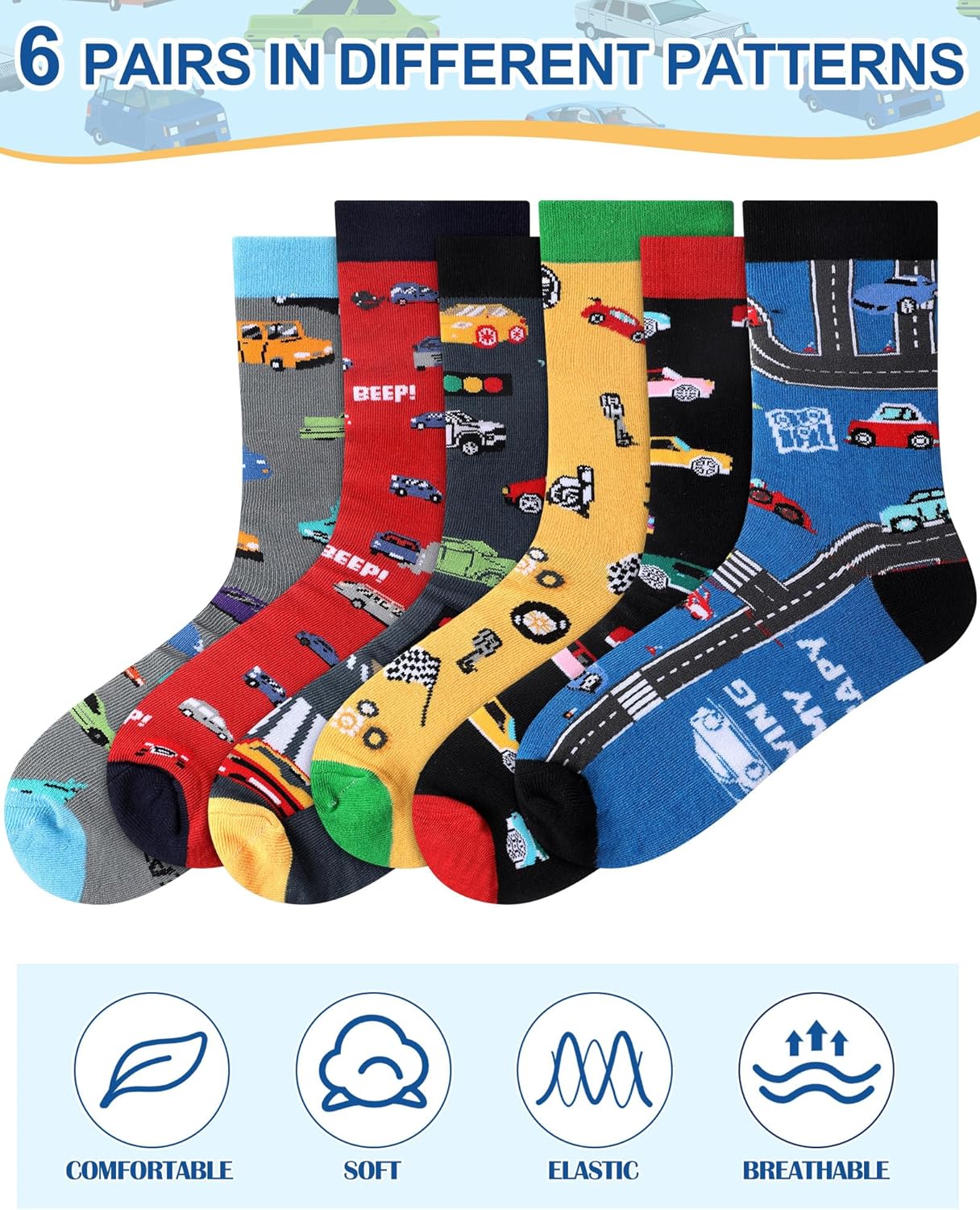6 Pairs Funny Car Socks for Men Novelty Automotive Cotton Crew Socks Birthday Valentine Gifts for Car Guys Lover Husband Boyfriend - Image 4
