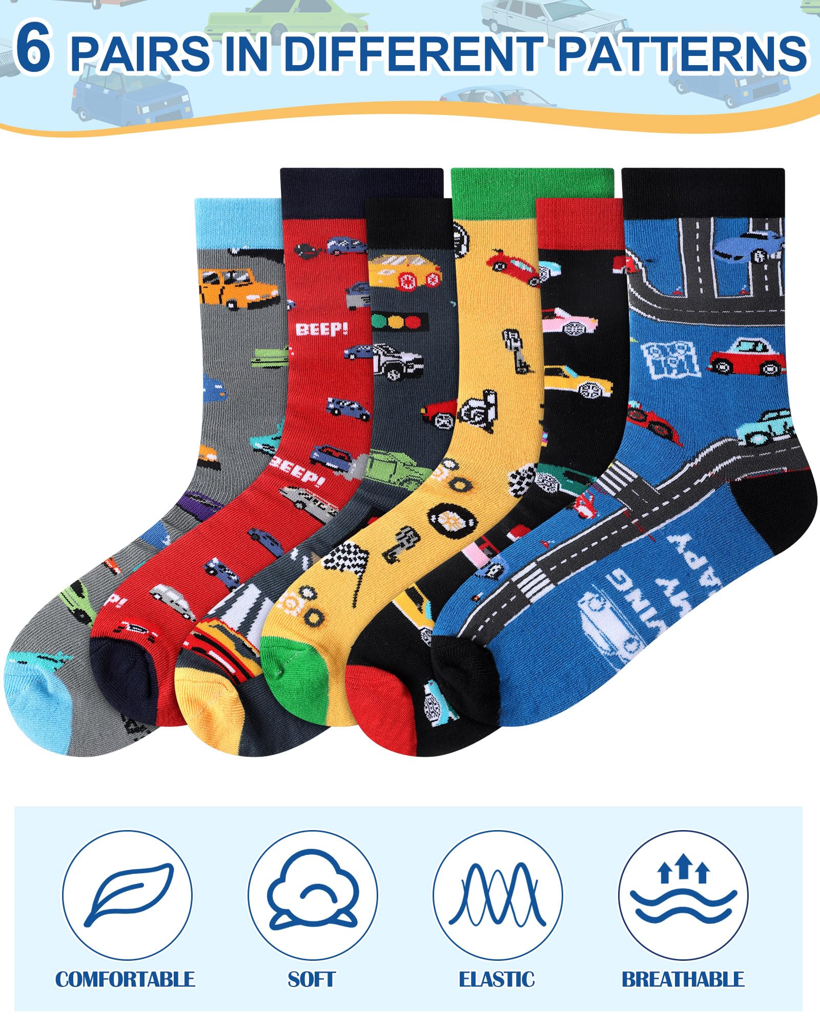 6 Pairs Funny Car Socks for Men Novelty Automotive Cotton Crew Socks for Car Lover Birthday Father's Day Gift