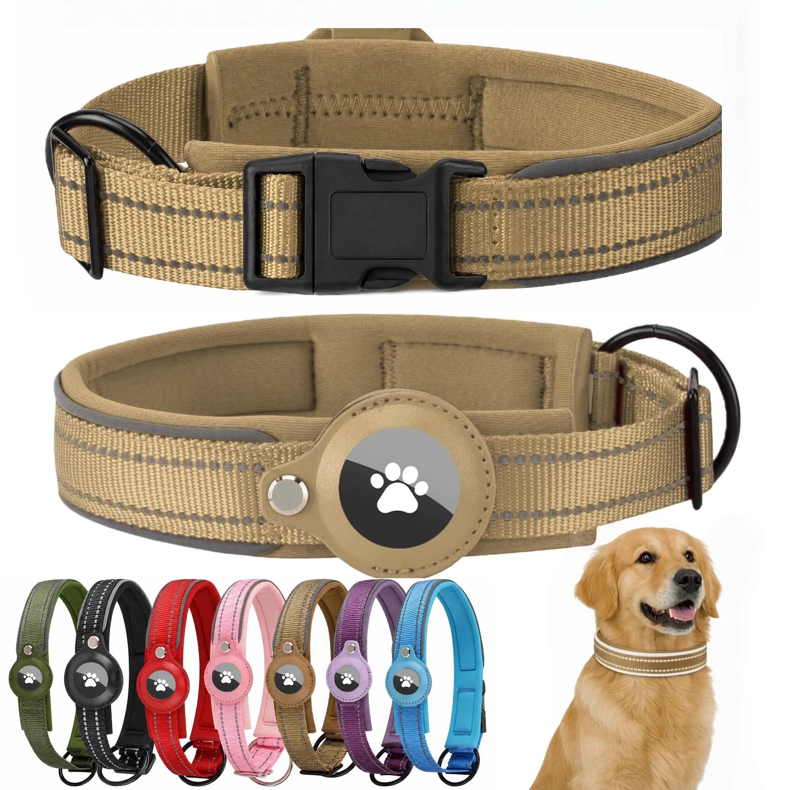 Swizitelon Reflective Large Dog Collar with Apple Airtag Holder Padded