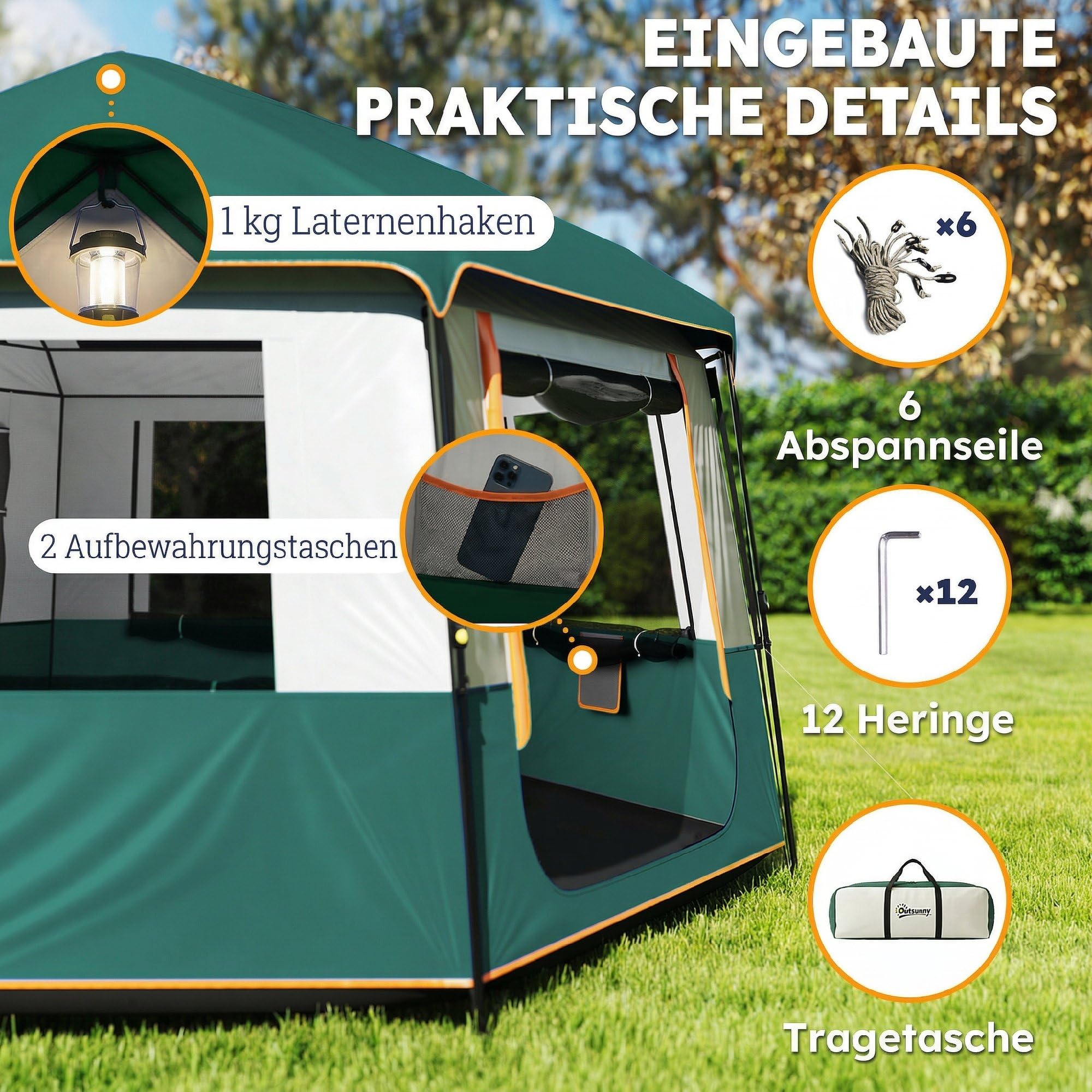 Outsunny Campingzelt für 4-6 Personen stabil wasserdicht Familienzelt mit abnehmbarem oberen Abdeckung Tragetasche Kuppelzelt mit 3000mm Wassersäule UV30+ Schutz Tunnelzelt Zelt Grün