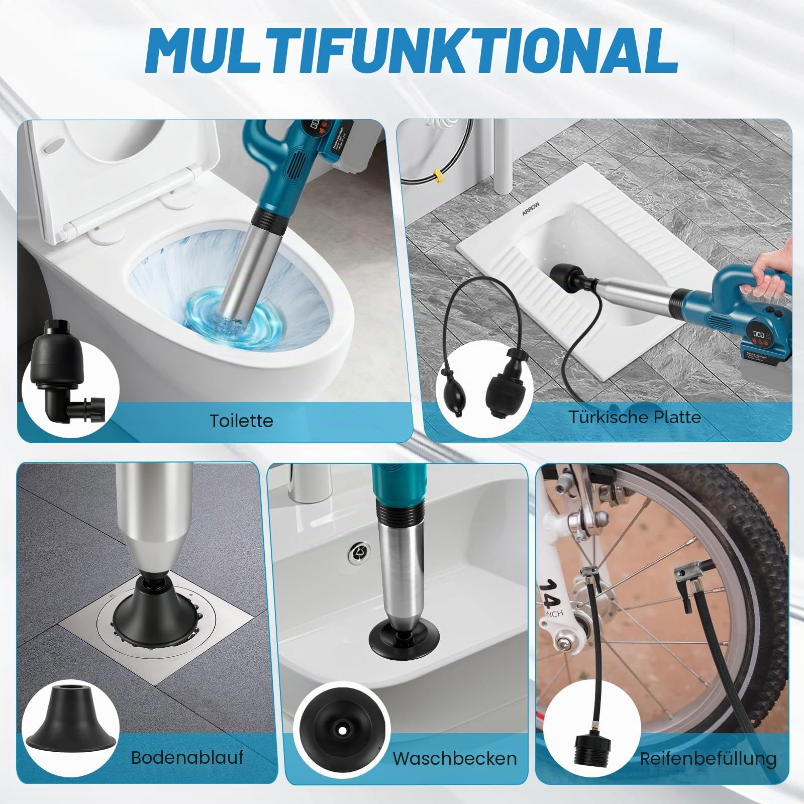 Kabelloser Abflussreiniger für Makita 18V-Akku (ohne Batterie) | 120W Akku-Rohrreiniger, mit 4 Aufsätzen, Druckanzeige, max. Druck 8 bar, für Toiletten, Waschbecken, Badewannen