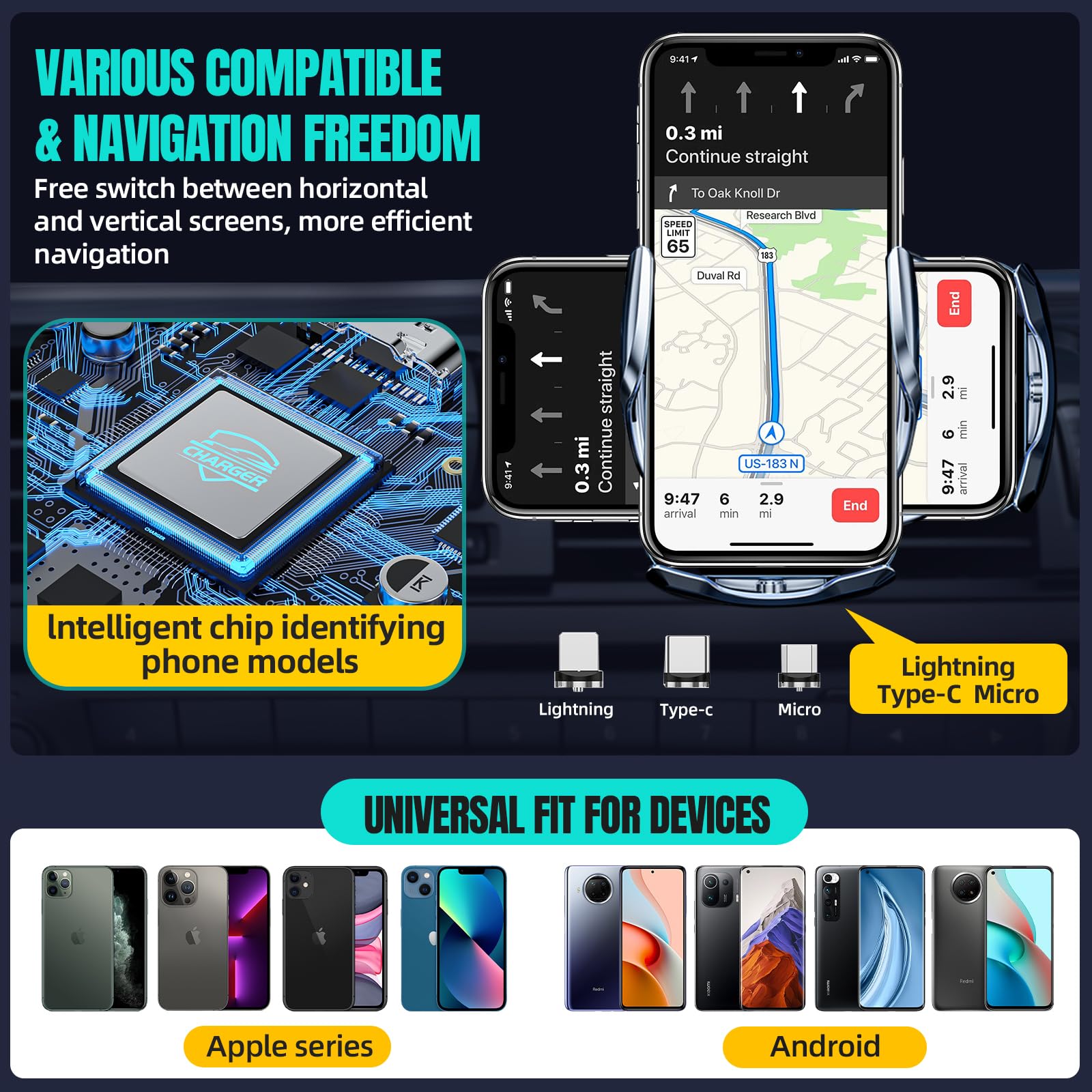 Chargeur de voiture sans fil, max 15 W, charge rapide, pince automatique, support de téléphone de détection, compatible avec iPhone 16, 15, 14, 13, 12 Pro Max, Xs X, Samsung Galaxy S24