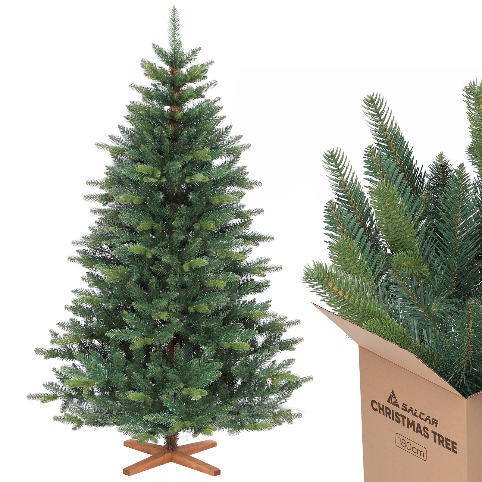 SALCAR 180cm Künstlicher Weihnachtsbaum Premium, Nordmanntanne mit Holzständer, Realistische PE+PVC Tannenbaum, Einfacher Aufbau für Ihre Weihnachtsdekoration